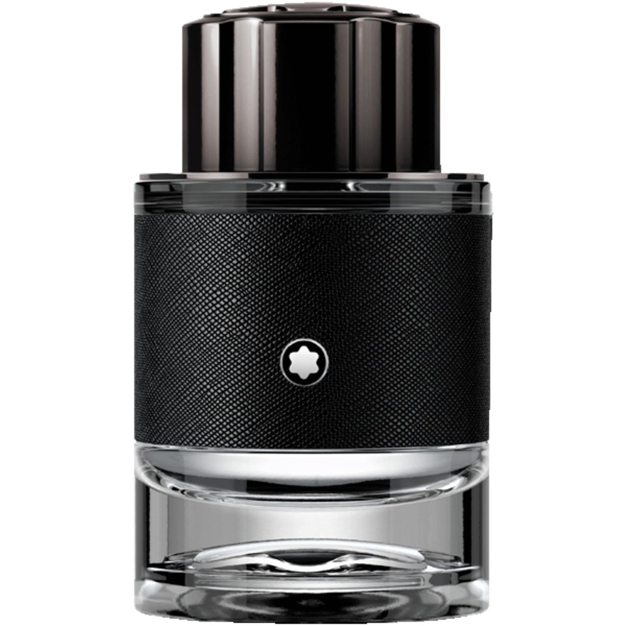 Flacone Montblanc Explorer Eau de Parfum. Flacone nero con tappo argentato e logo.
