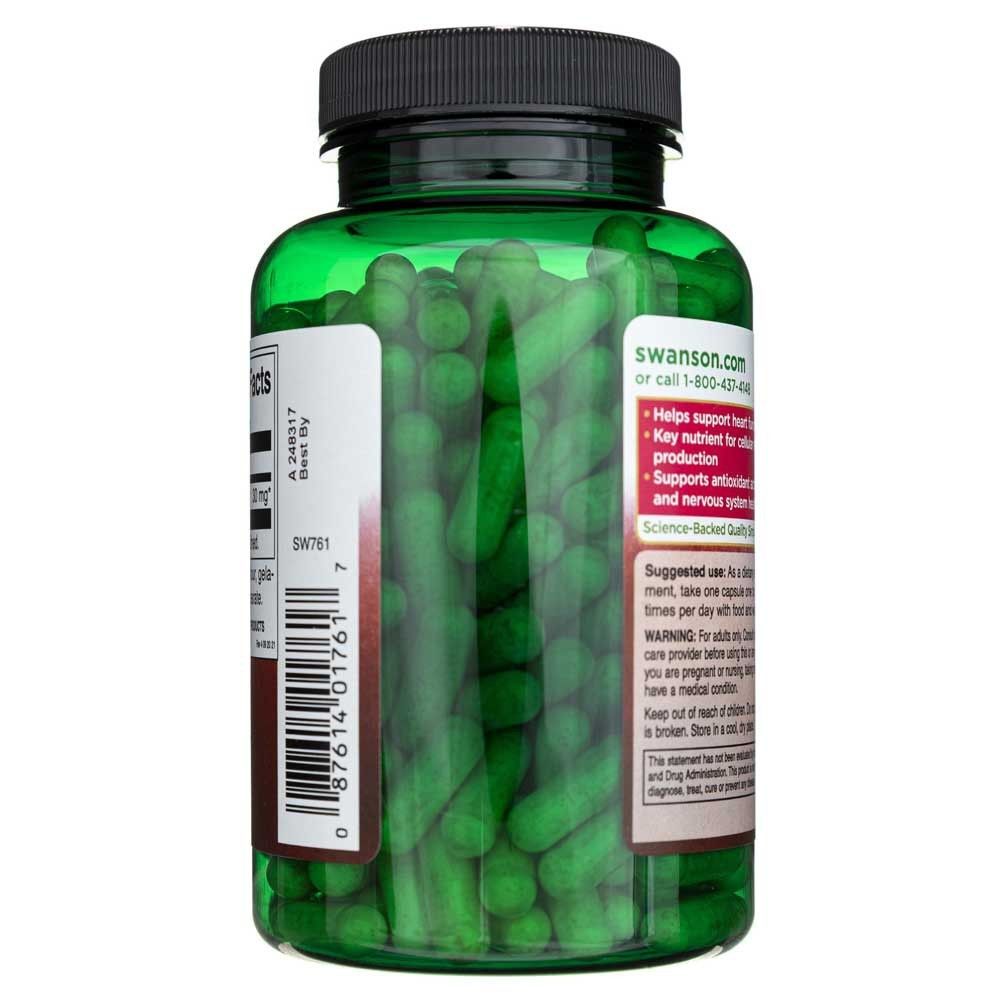 Vista laterale di un flacone verde di capsule Swanson CoQ10, con istruzioni per l'uso.