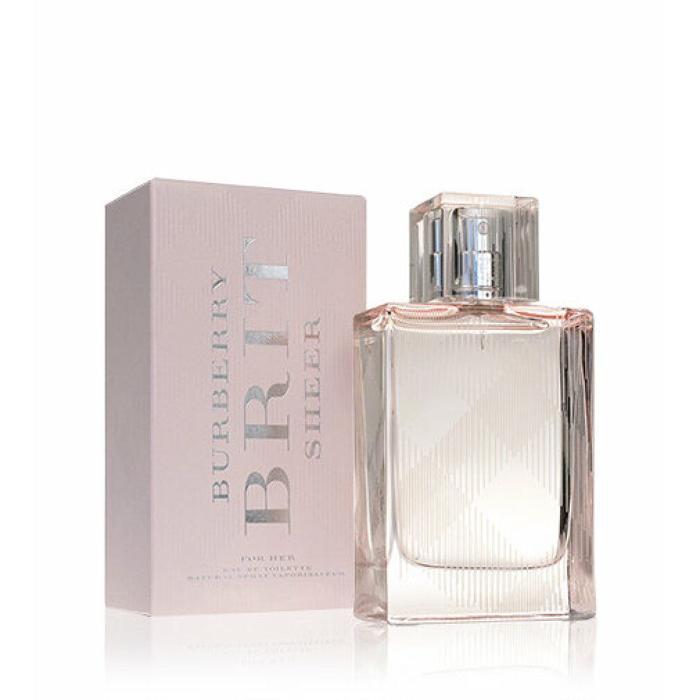 Flacone di profumo e scatola. Flacone quadrato, trasparente, con tappo rosa. Scatola rosa, con scritta Burberry Brit Sheer.