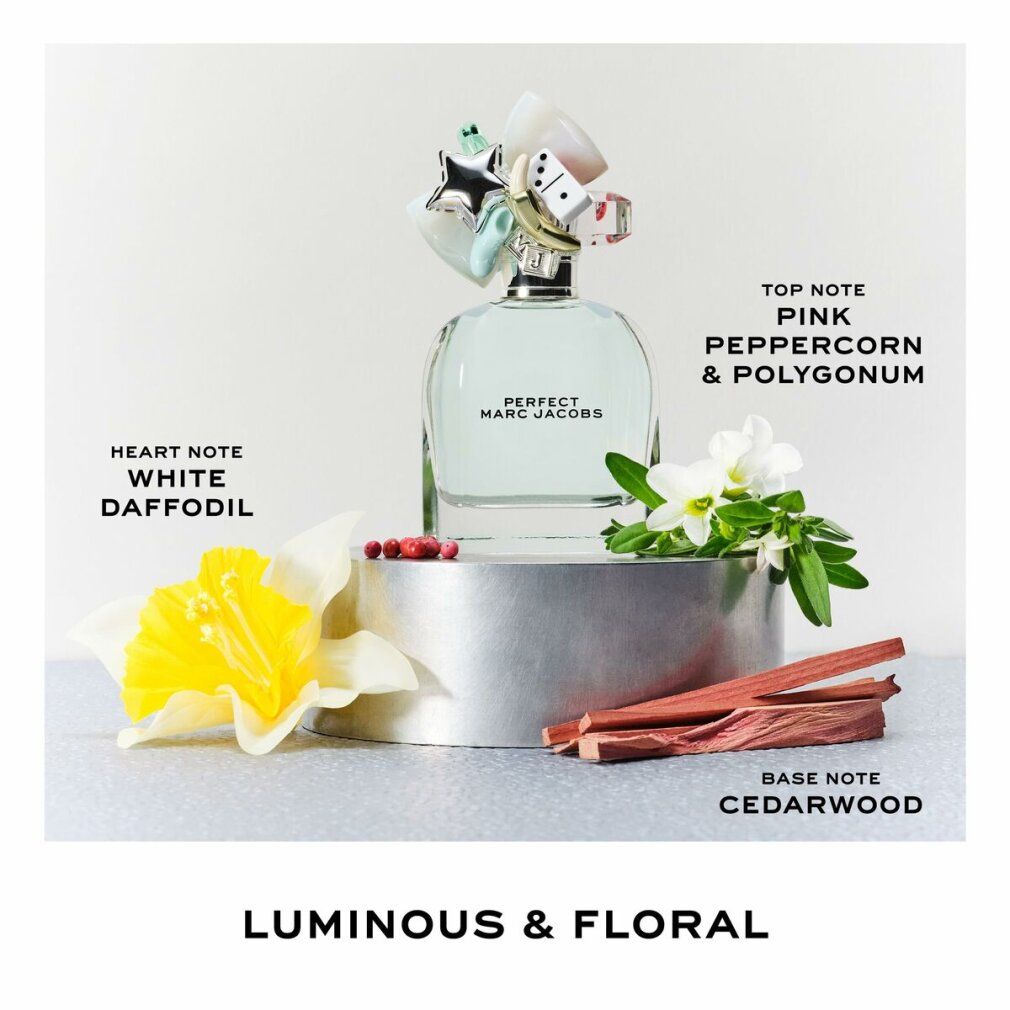 Flacone con ingredienti. Flacone con liquido verdognolo. Testo: Top Note, Heart Note, Base Note. Testo: Luminous & Floral.