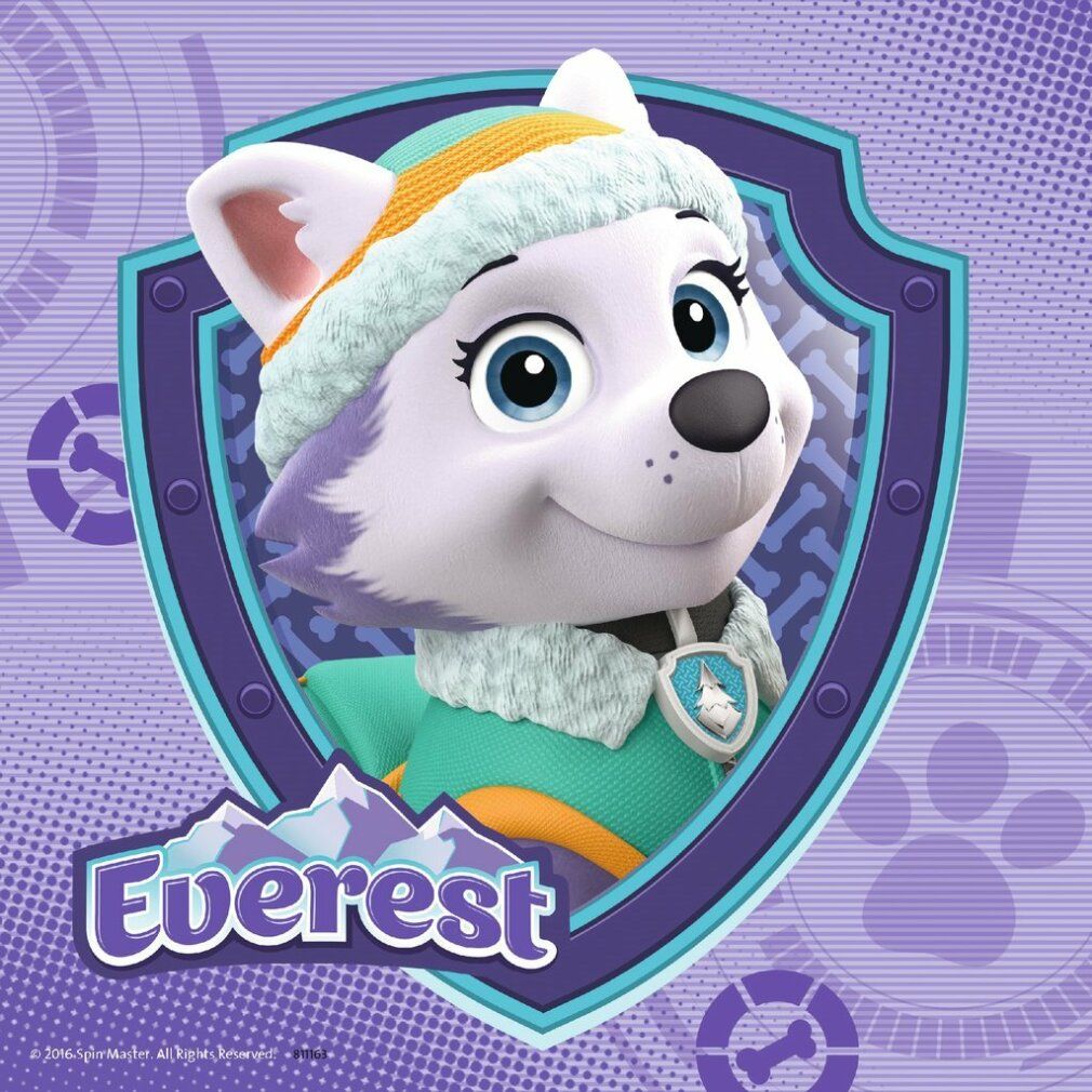 Everest, personaggio di Paw Patrol, in uno scudo viola. Indossa una tuta verde e un cappello bianco. Lo sfondo è viola.