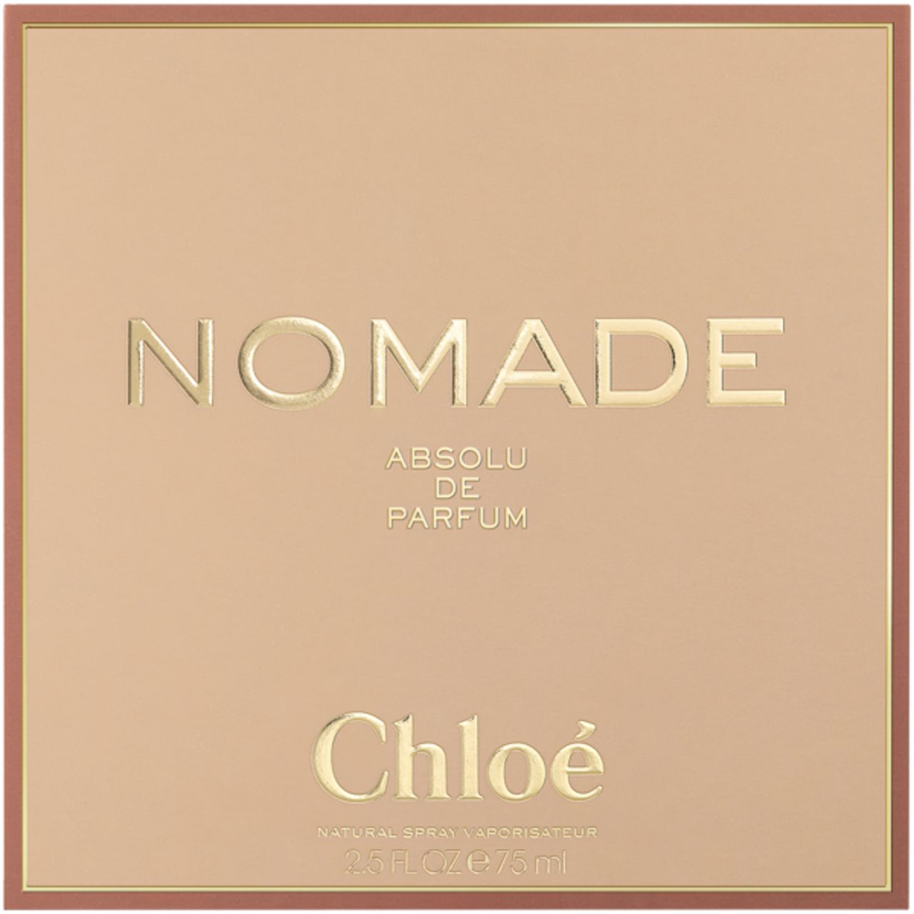 Confezione di profumo. Scritta: Nomade Absolu de Parfum, Chloé. Testo dorato su sfondo rosa-marrone.