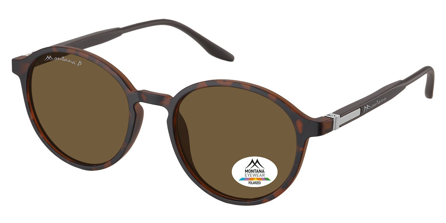 Occhiali da sole, lenti marroni, montatura marrone. Logo Montana Eyewear su lente e stanghetta.