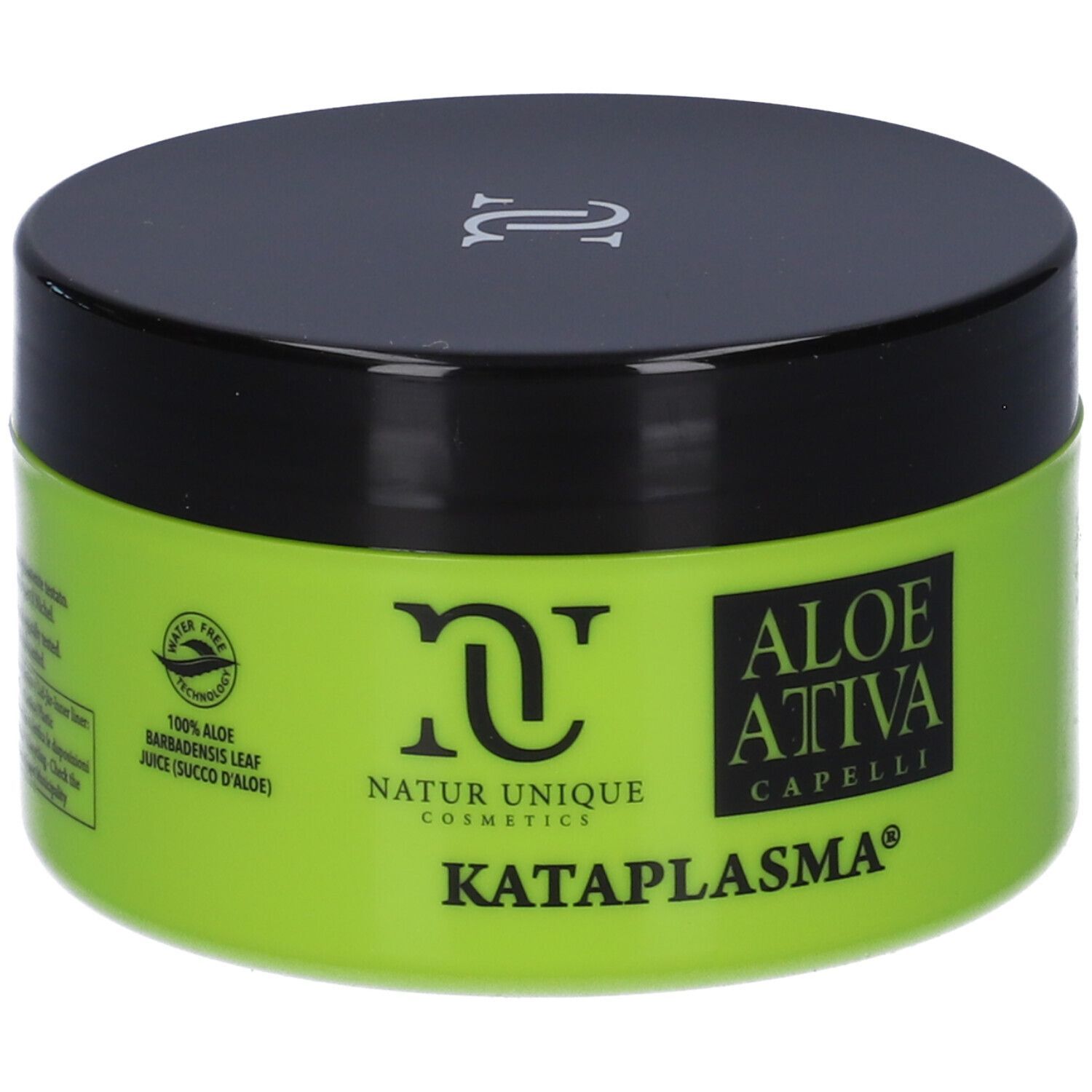 Vaso verde con coperchio nero. Scritta: Natur Unique Cosmetics, Aloe Attiva Capelli, Kataplasma. Filigrana.