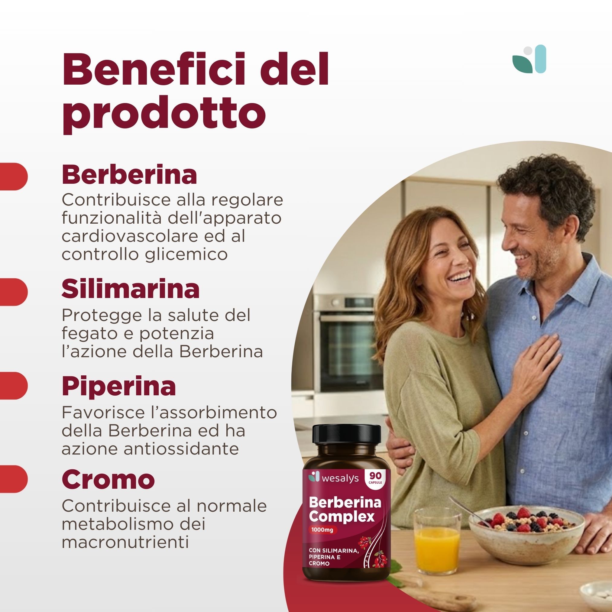 Flacone rosso scuro Berberina Complex. Scritta: Berberina Complex, 1000mg. Con Silimarina, Piperina e Cromo. Coppia sullo sfondo.