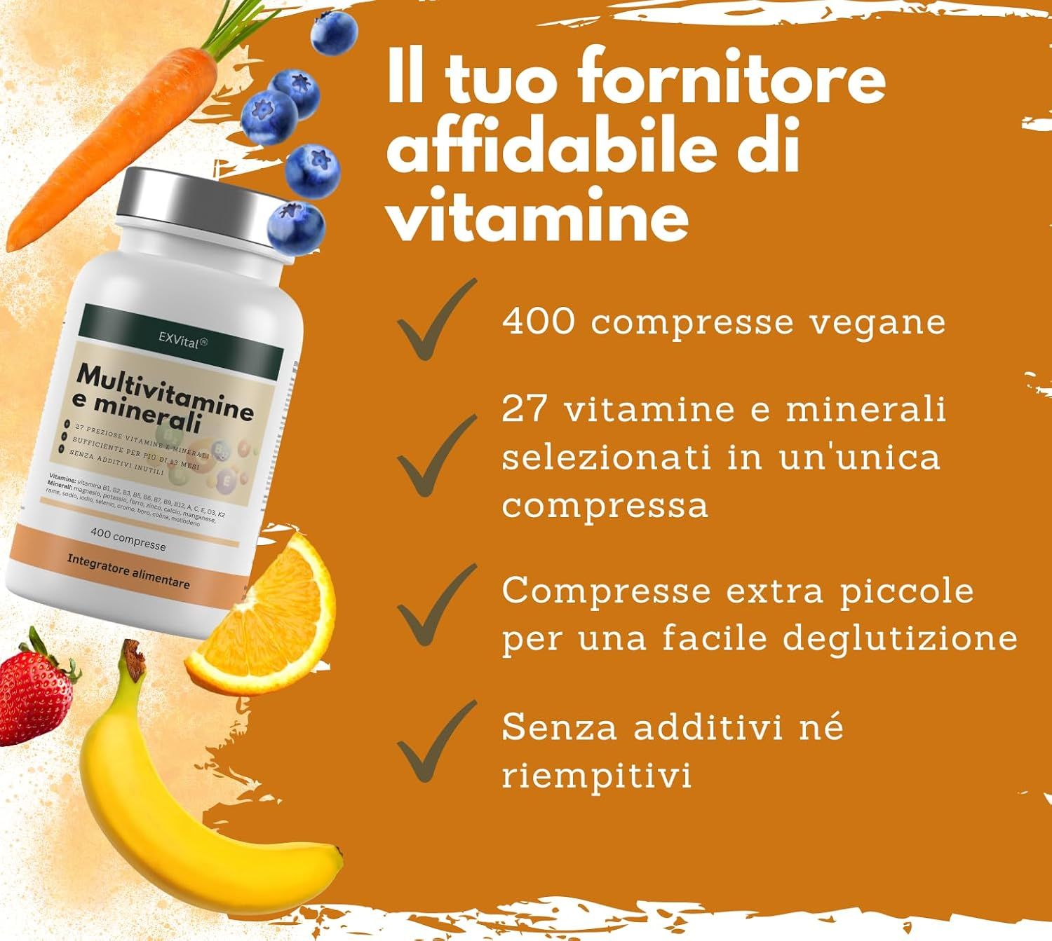 Flacone di compresse multivitaminiche, frutta. Testo: 400 compresse vegane, 27 vitamine, senza additivi.