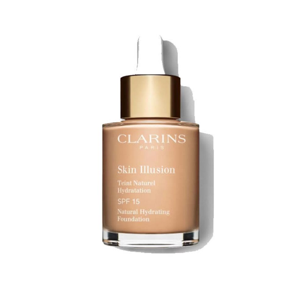 Flacone di trucco Clarins Skin Illusion. Scritta: Teint Naturel Hydratation SPF 15, Natural Hydrating Foundation.