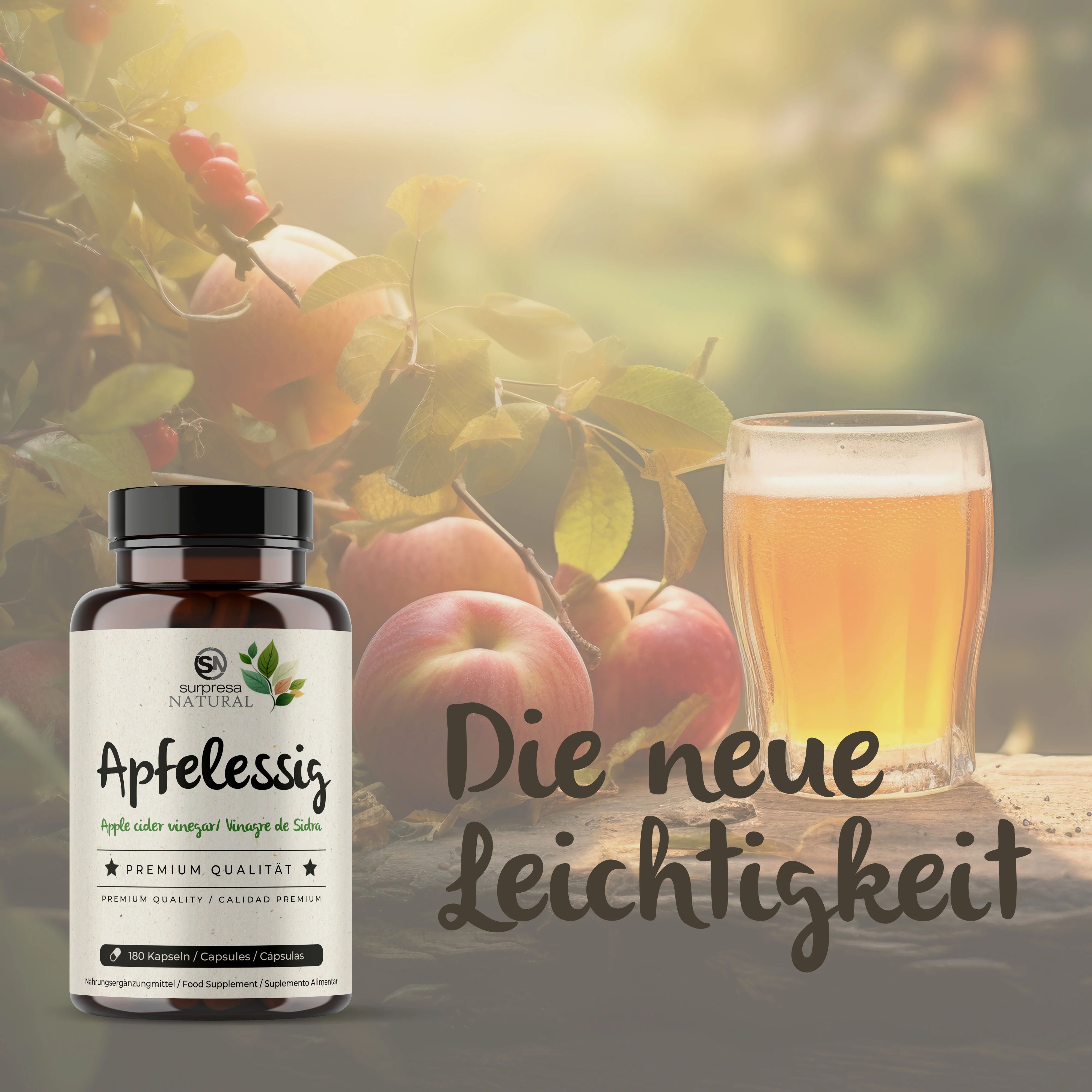 Bottiglia marrone con capsule di aceto di mele, mele e un bicchiere di succo di mela. Testo: La nuova leggerezza.