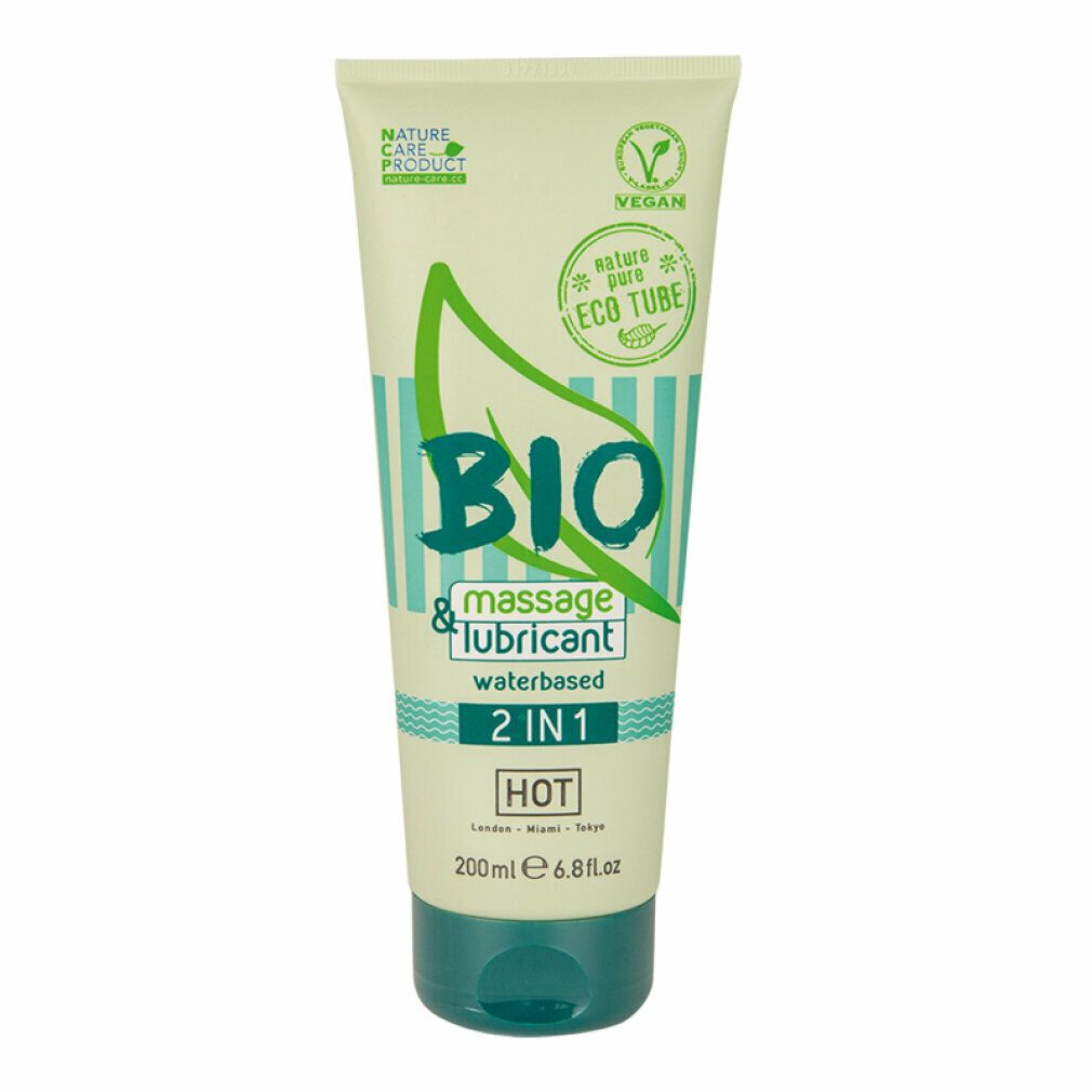 Tubo BIO Massage & Lubricant 2IN1. Design verde e bianco, vegano, 200ml. Scritta: HOT.