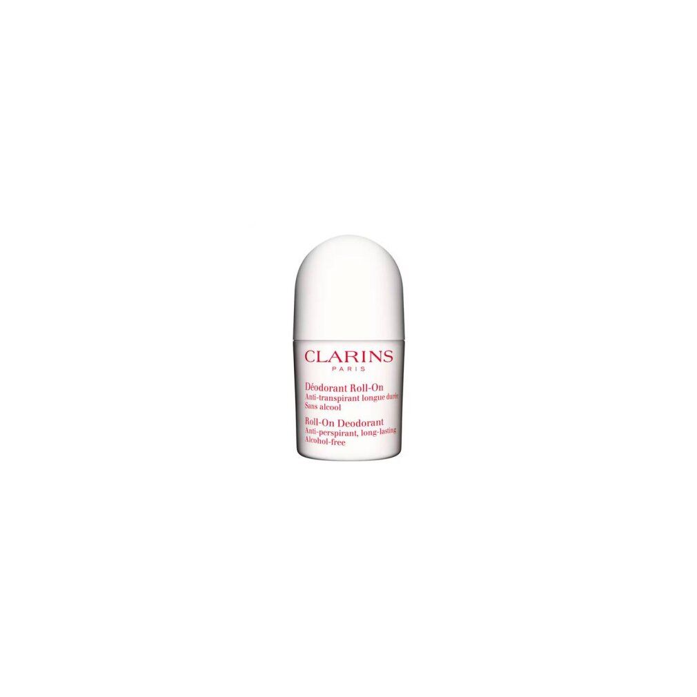 Deodorante roll-on bianco Clarins. Testo rosso. Scritta: Anti-transpirant longue durée, sans alcool. Roll-On Deodorant, Alcohol-free.