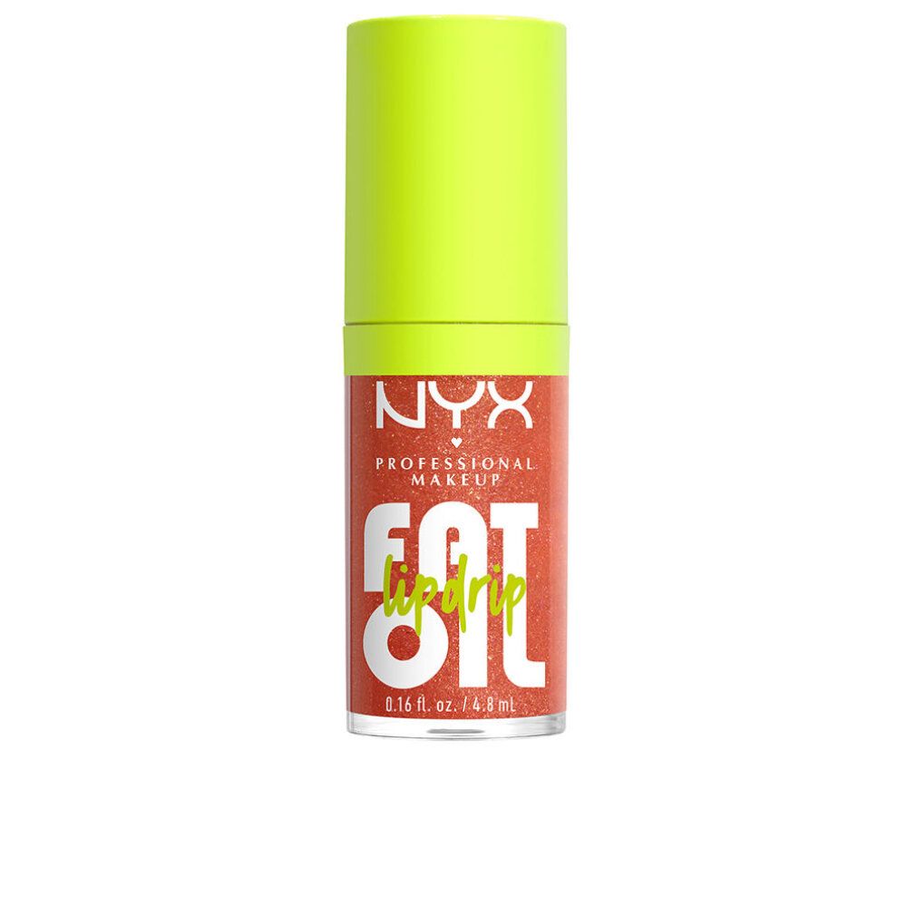 NYX Fat Oil Lip Drip rosso scintillante. Flacone trasparente con tappo verde neon.