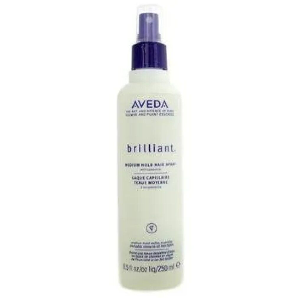 Aveda Brilliant Spray. Flacone con erogatore spray. Testo: brilliant, Medium Hold Hair Spray. 250 ml.