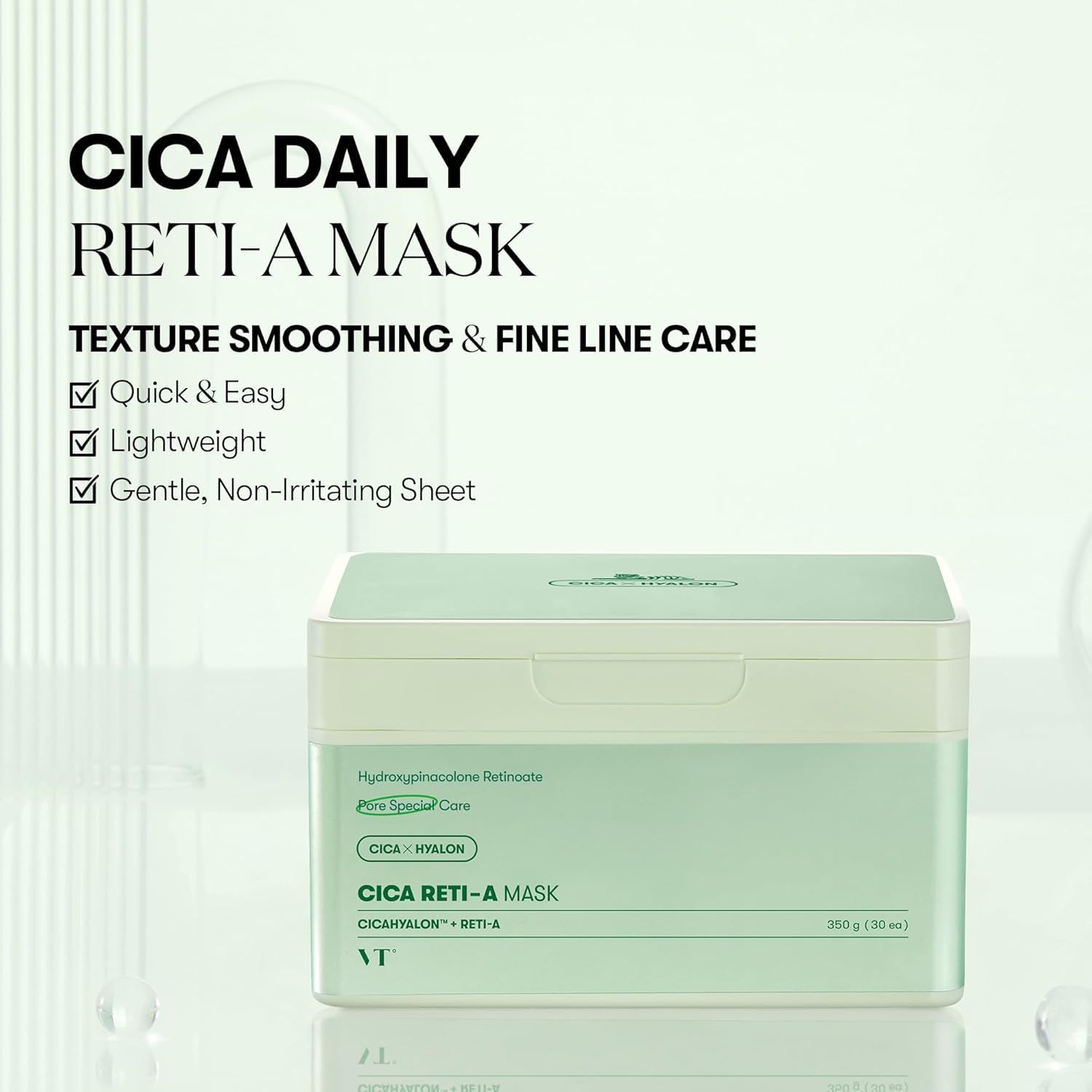 Confezione verde con scritta CICA DAILY RETI-A MASK. Levigatura della texture e cura delle rughe. Applicazione facile e veloce.