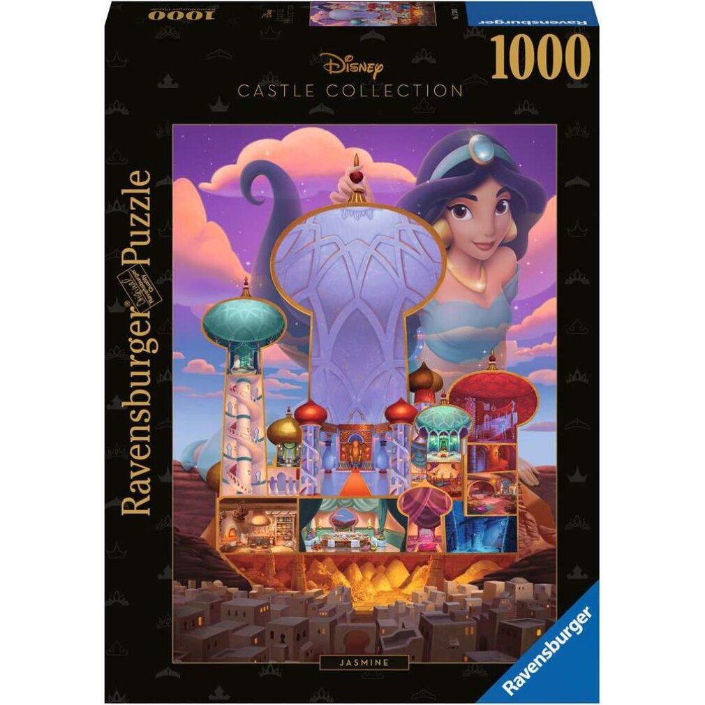 Scatola puzzle Jasmine. Scritta: Disney Castle Collection, 1000 pezzi. Marchio: Ravensburger. Sfondo nero.