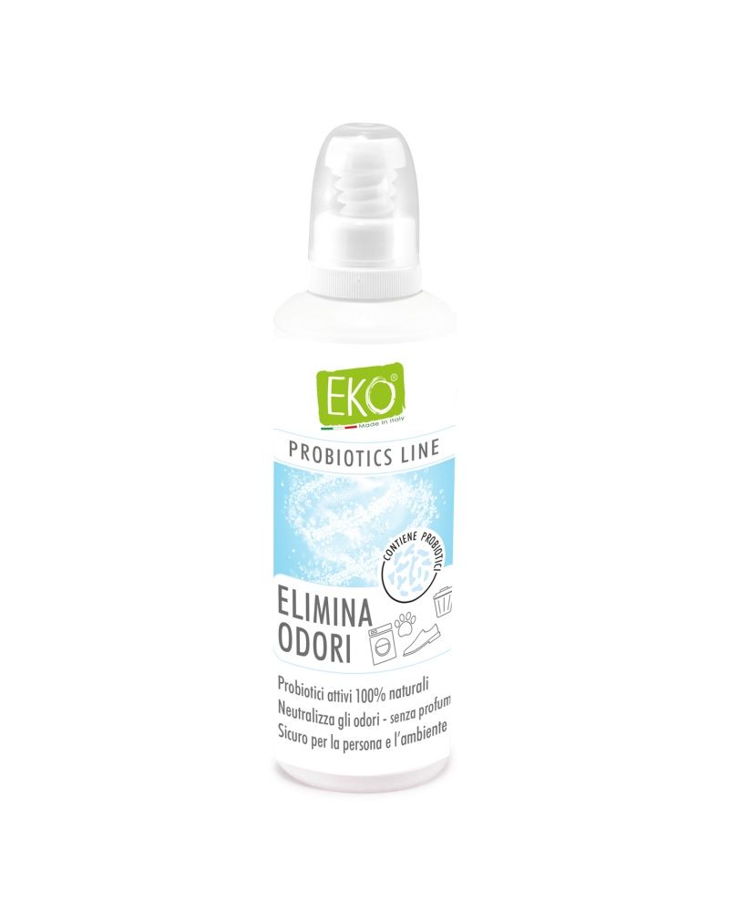 Flacone bianco con spruzzatore. Etichetta con nome prodotto e testo. Logo "Eko" e scritta "Probiotics Line".