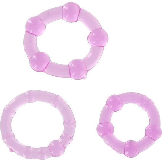 Tre anelli per pene viola di diverse dimensioni, in materiale flessibile, con bottoni.
