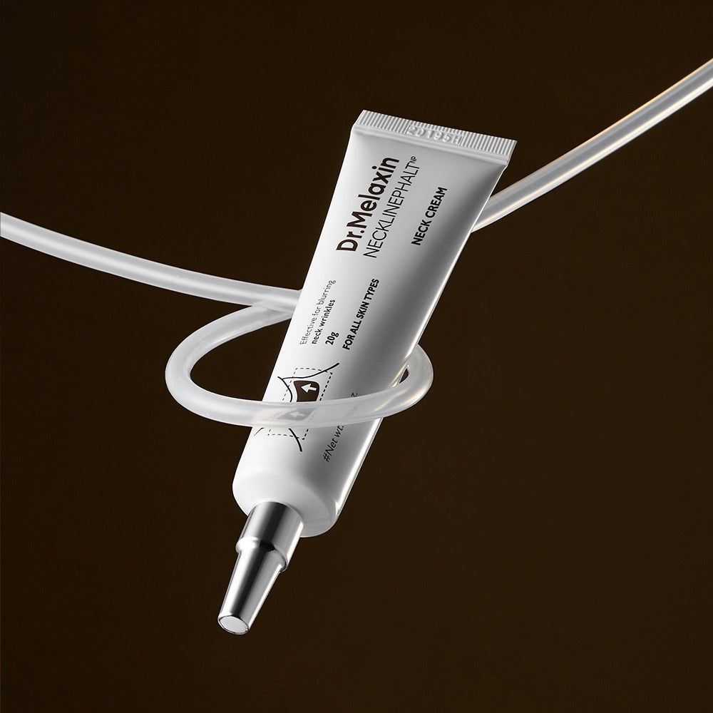 Tubo di crema per collo Dr. Melaxin Necklinephalt, circondato da un tubo bianco.