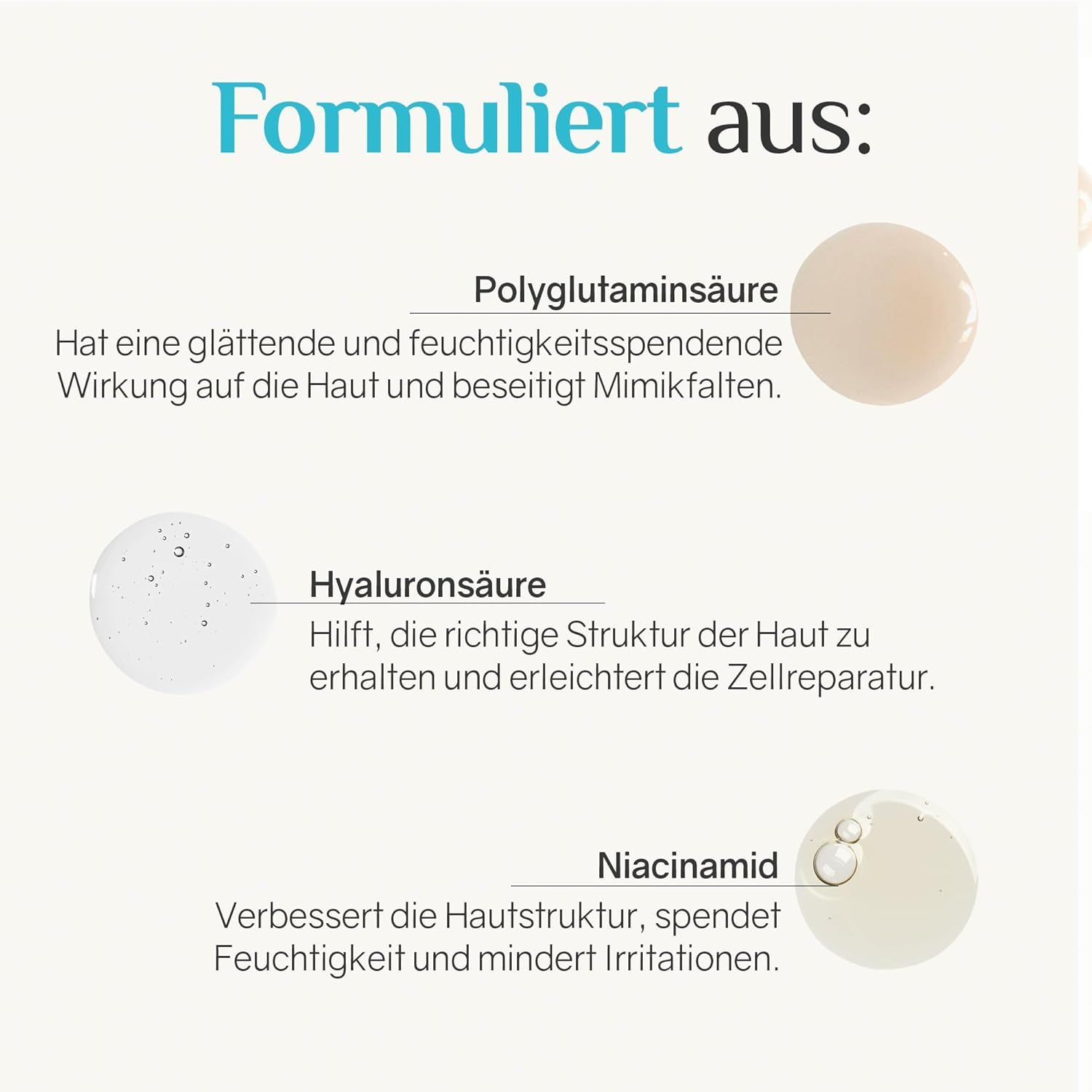 Tre illustrazioni a goccia. Testo: Acido poliglutammico, acido ialuronico, niacinamide. Descrizioni degli ingredienti.