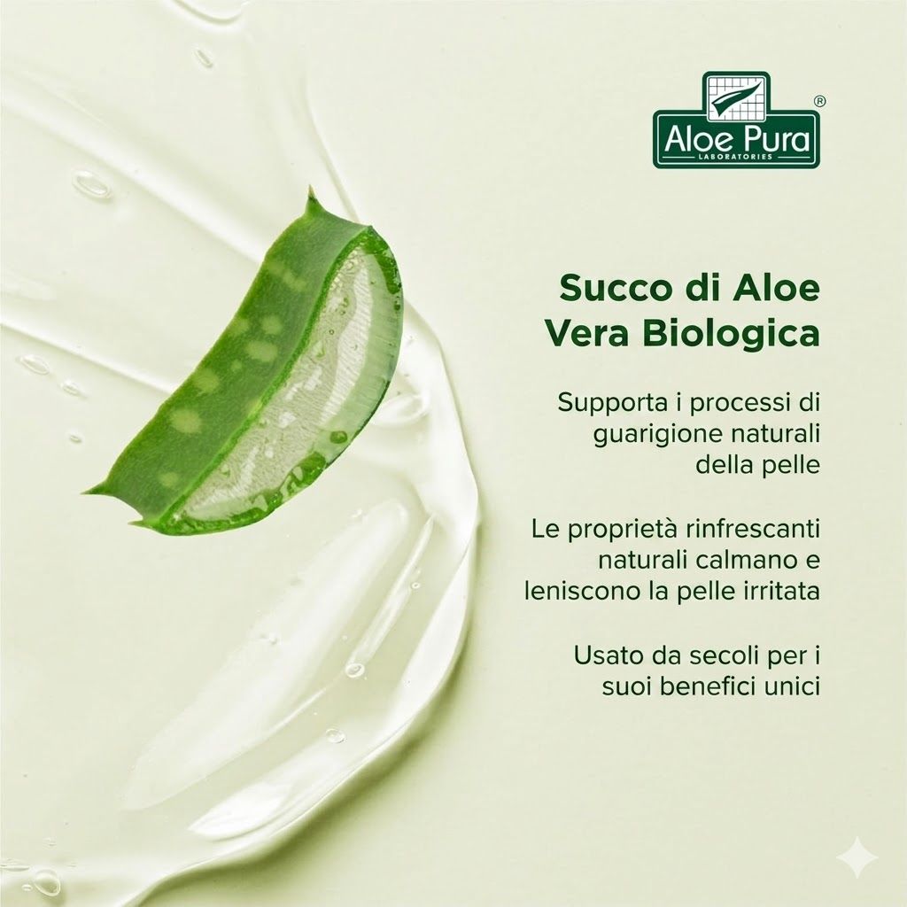Gel di Aloe Vera e foglia di Aloe Vera. Testo: Succo di Aloe Vera biologica. Supporta i processi di guarigione naturali della pelle. Proprietà rinfrescanti.