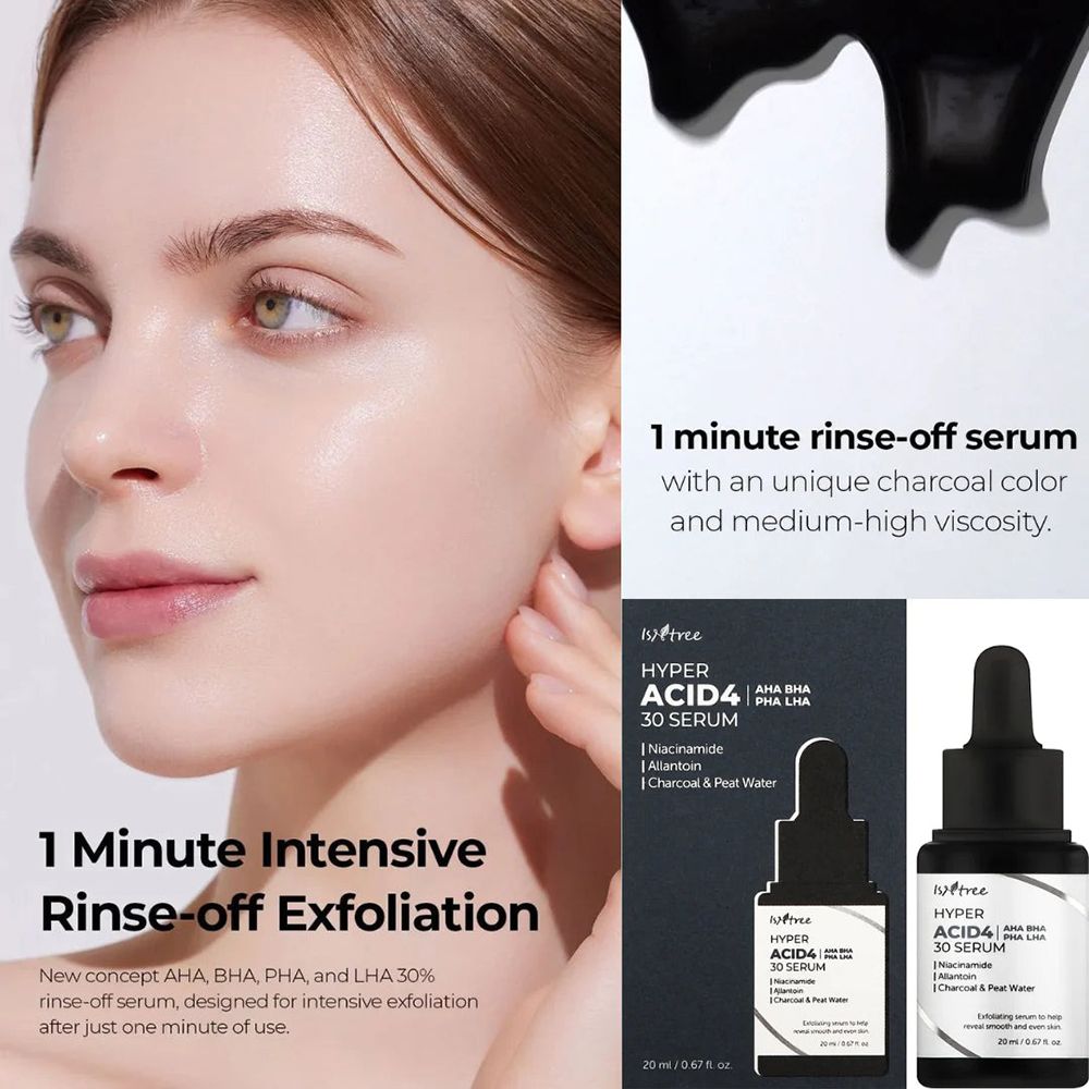 Donna con siero. Testo: Hyper Acid4 30 Serum. Contiene AHA, BHA, PHA, LHA. Con contagocce. Immagine e testo.
