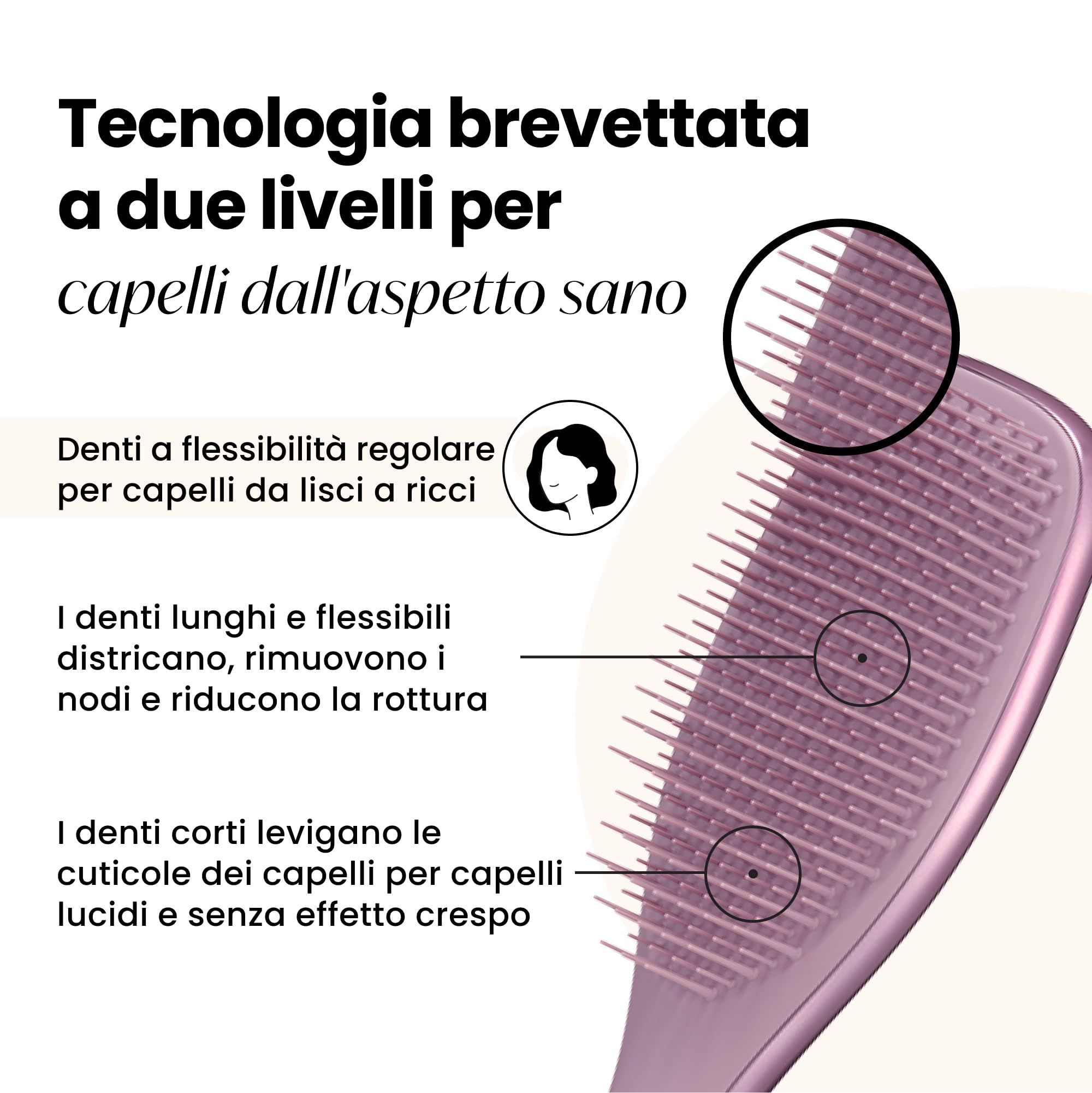 Primo piano di una spazzola rosa. Testo: Tecnologia per capelli sani. Setole lunghe e corte.