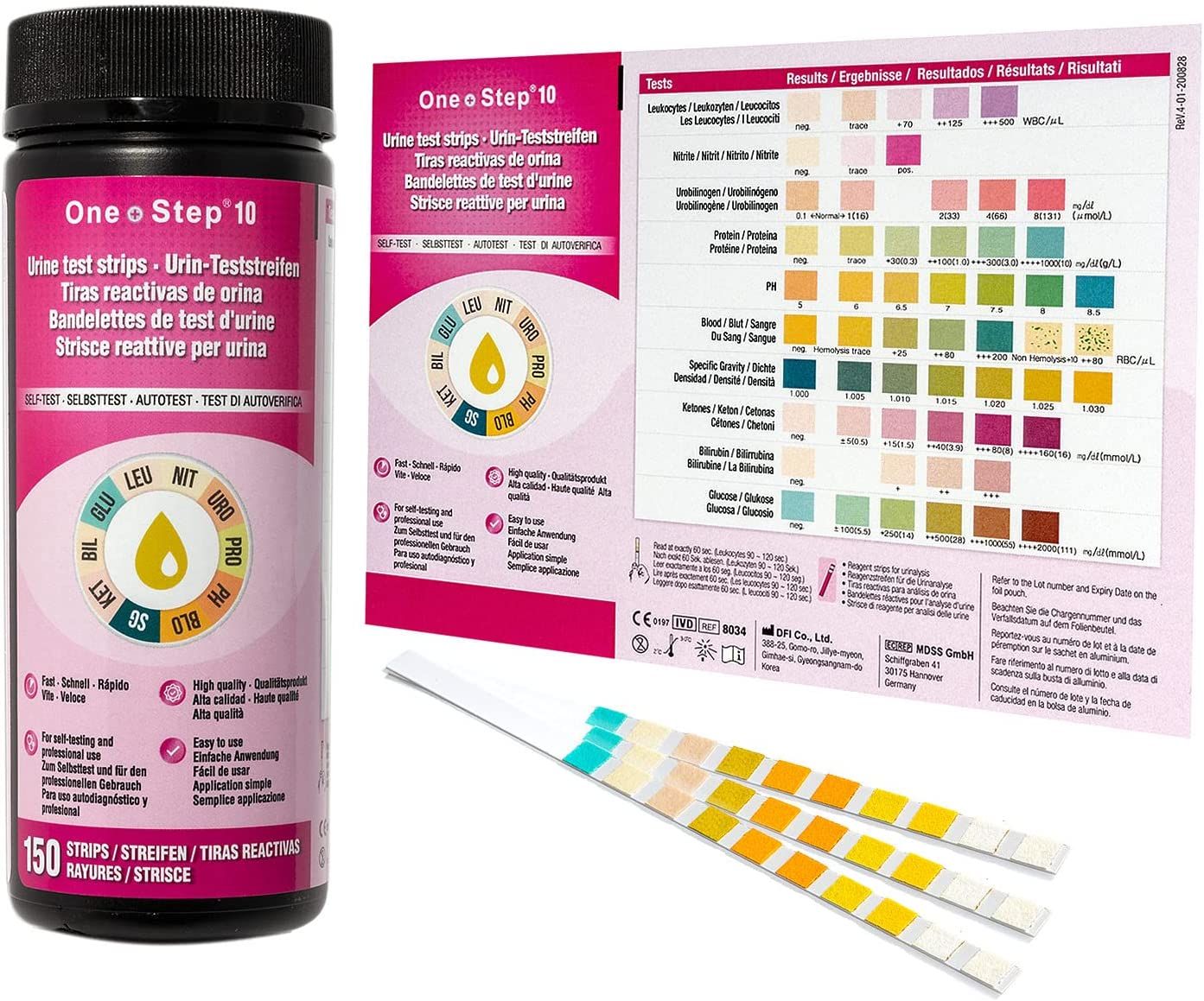 150 One+Step strisce reattive per l'analisi delle urine 10 indicatori + carta di riferimento