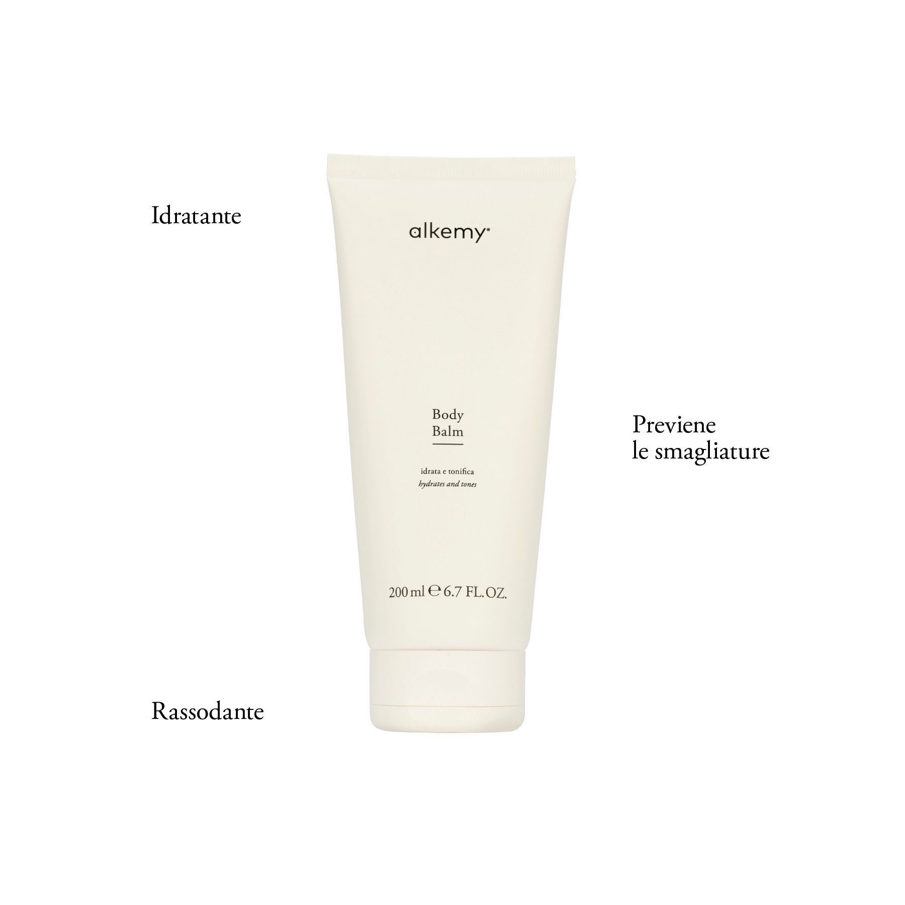 Tubo bianco di balsamo corpo, etichettato 'alkemy', 'Body Balm', 'idrata e tonifica' e '200 ml 6.7 FL.OZ.'.
