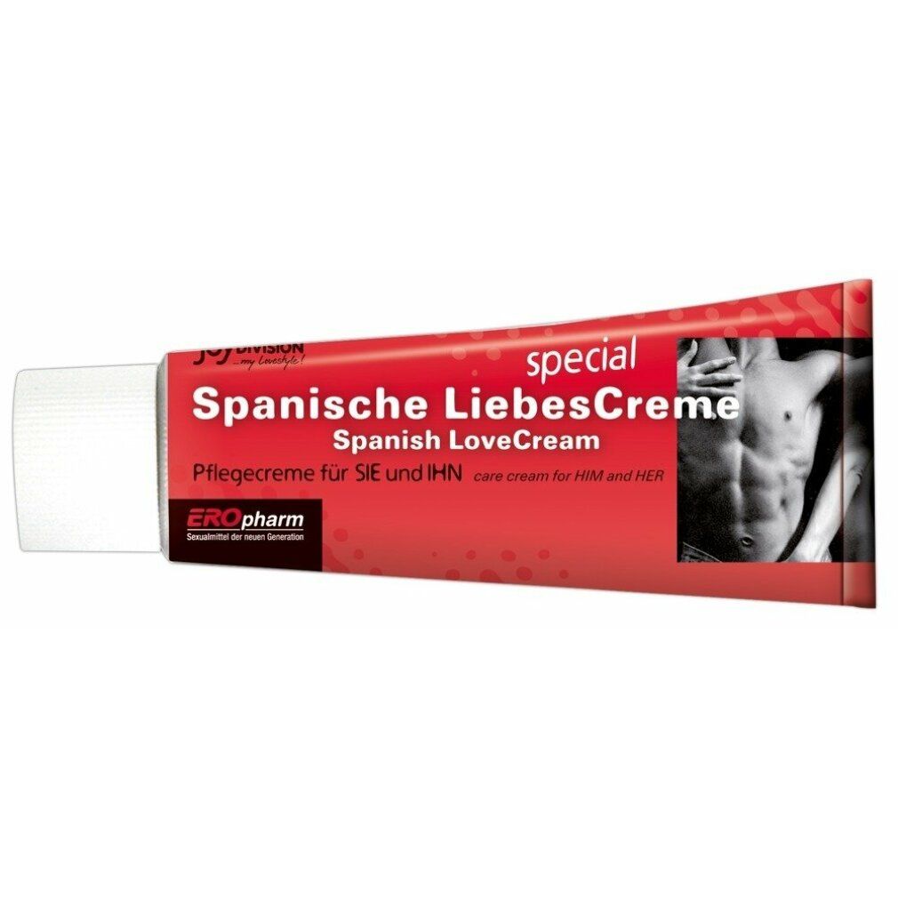 Tubo della crema amorosa speciale spagnola EROpharm con immagine di un uomo.