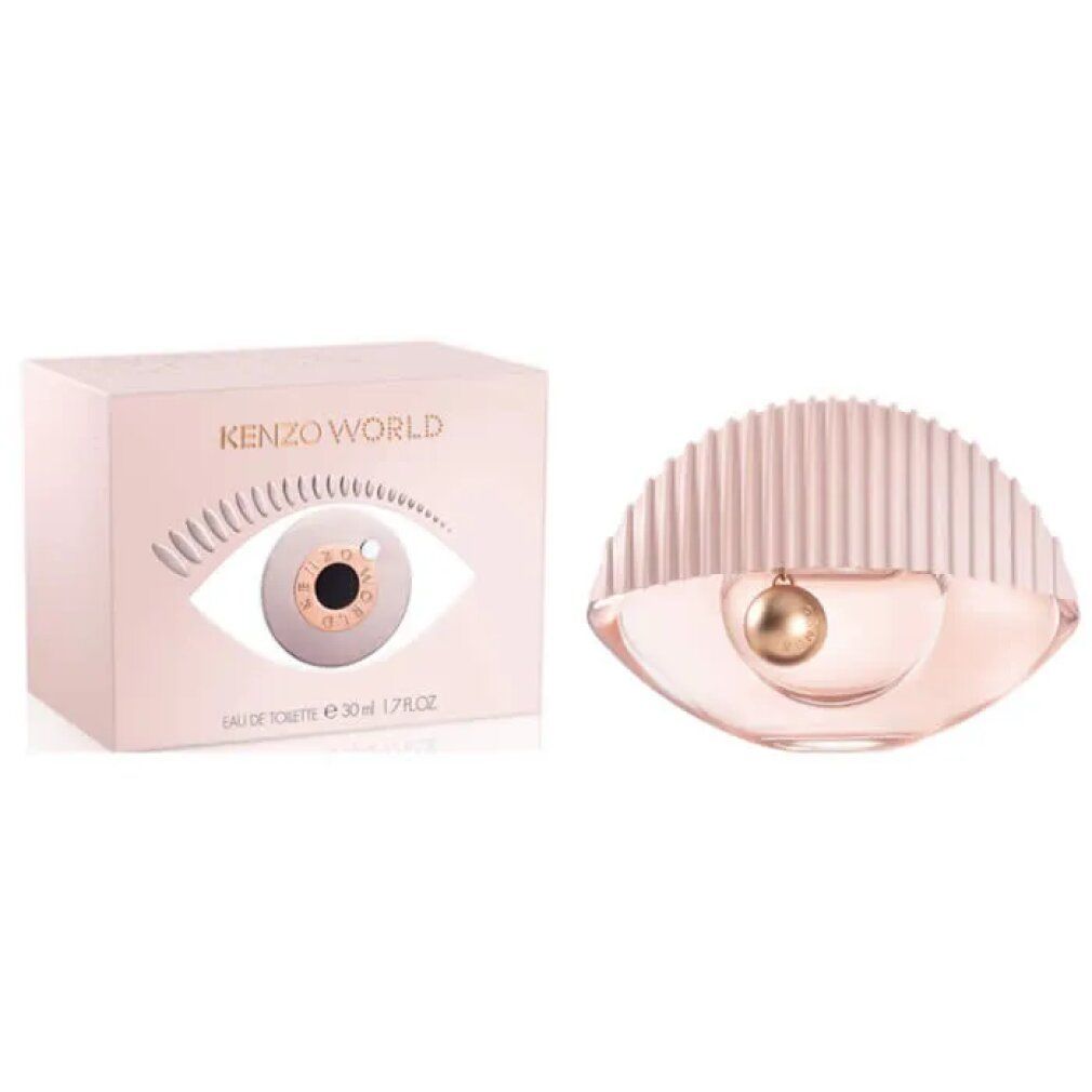 Flacone e confezione Kenzo World Eau de Toilette. Confezione con motivo occhio. Flacone a forma di occhio con tappo scanalato e sfera.