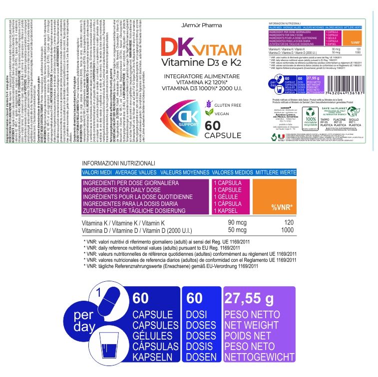 Confezione capsule Vitamina D3+K2 con informazioni nutrizionali.