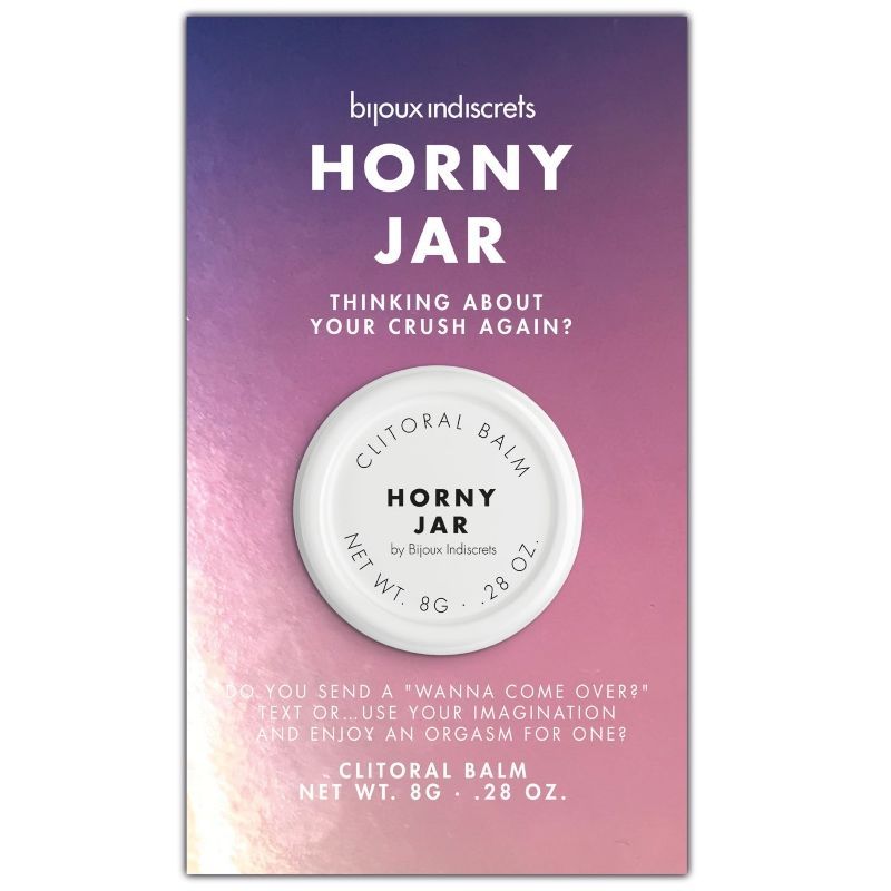 Confezione del balsamo per clitoride Bijoux Indiscrets Horny Jar. Sfumatura viola, testo sul davanti.
