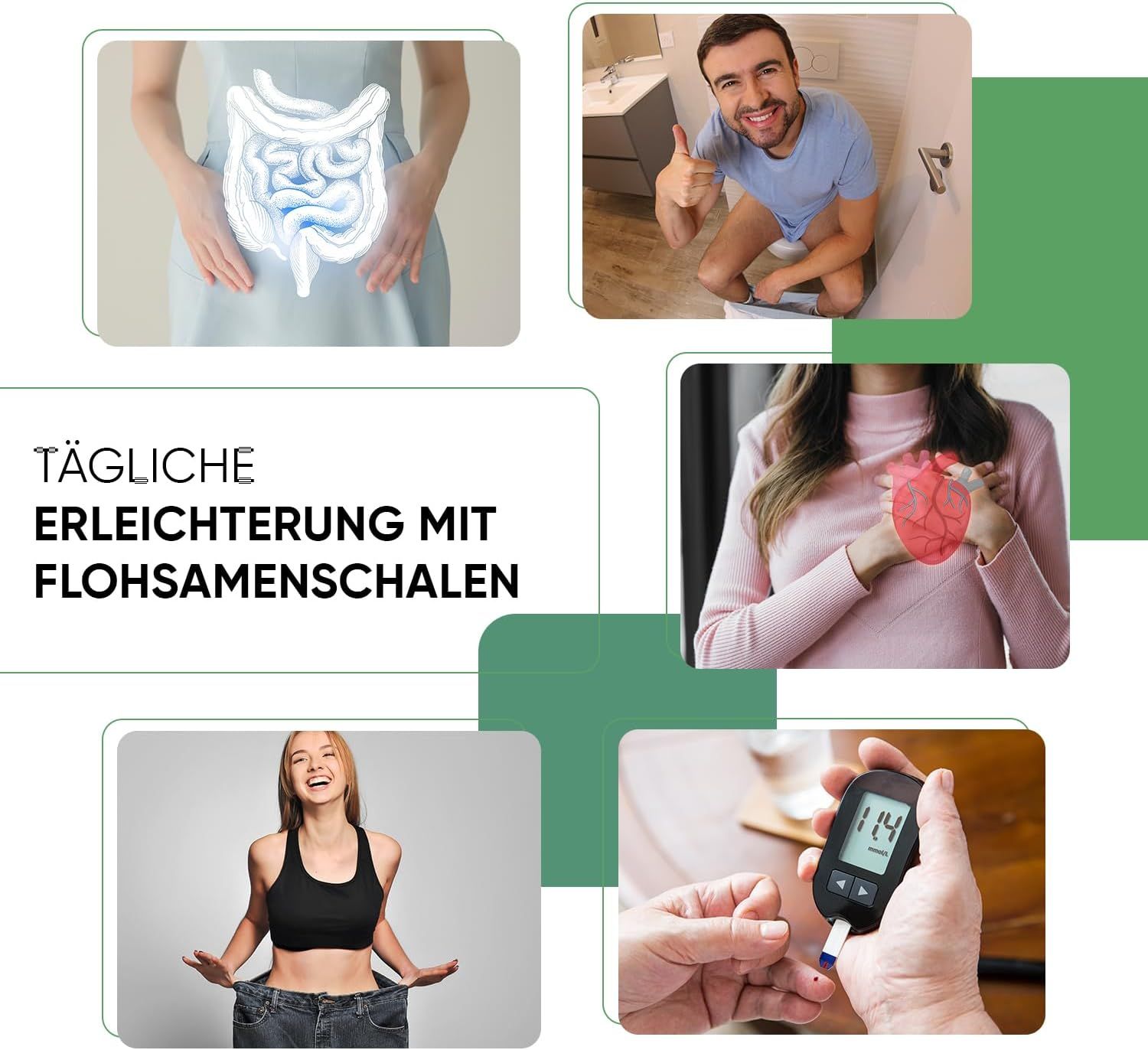 Collage di immagini. Temi: intestino, uomo in bagno, cuore, glicemia, donna con vestiti. Testo: Sollievo quotidiano con Flohsamenschalen.