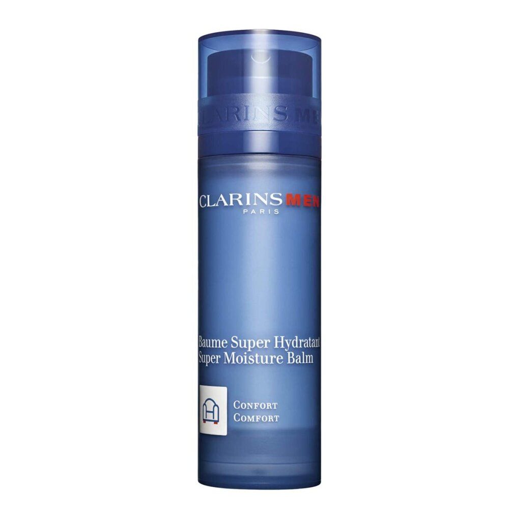 Flacone blu trasparente con tappo blu. Scritta: Clarins Men Paris, Baume Super Hydratant, Super Moisture Balm. Simbolo comfort.