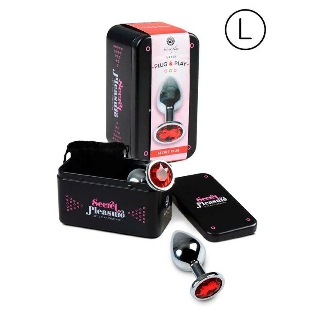 Plug anale in scatola nera. Scatola con immagine e testo del prodotto. Taglia L. Nome prodotto: Secret Play.