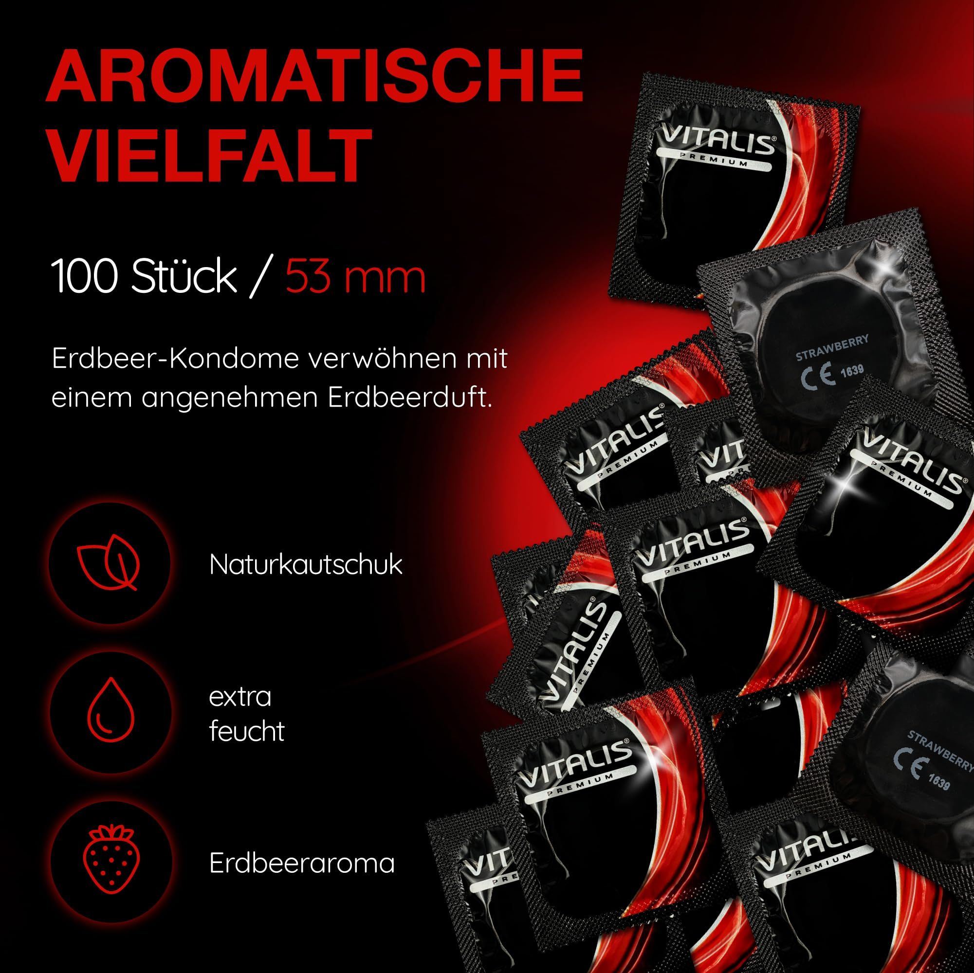 Preservativi Vitalis Fragola: 100 pezzi, 53mm. Lattice naturale, extra lubrificato, aroma fragola.