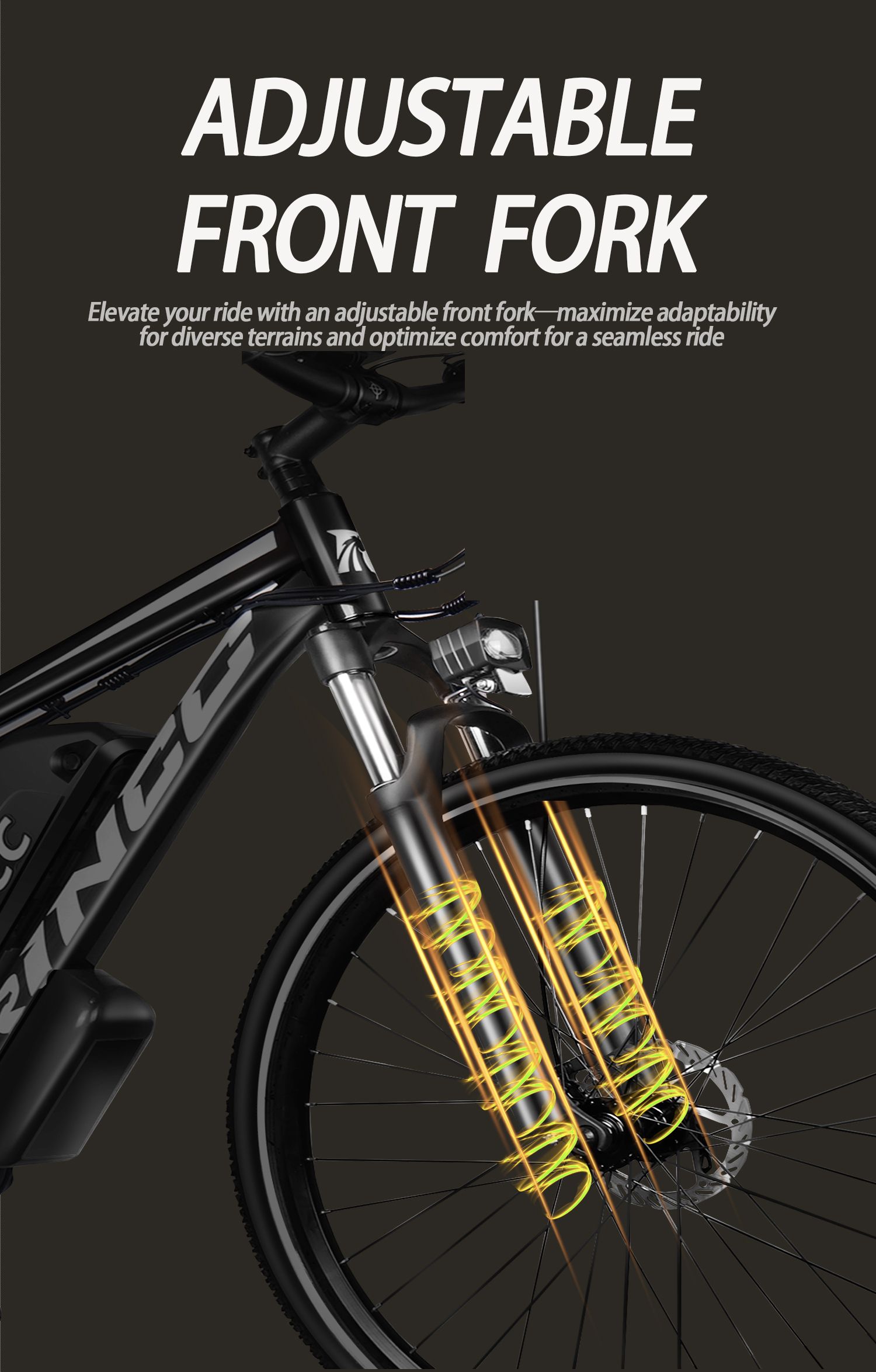 Primo piano della forcella anteriore di una e-bike Rincc. Linee gialle indicano la sospensione.