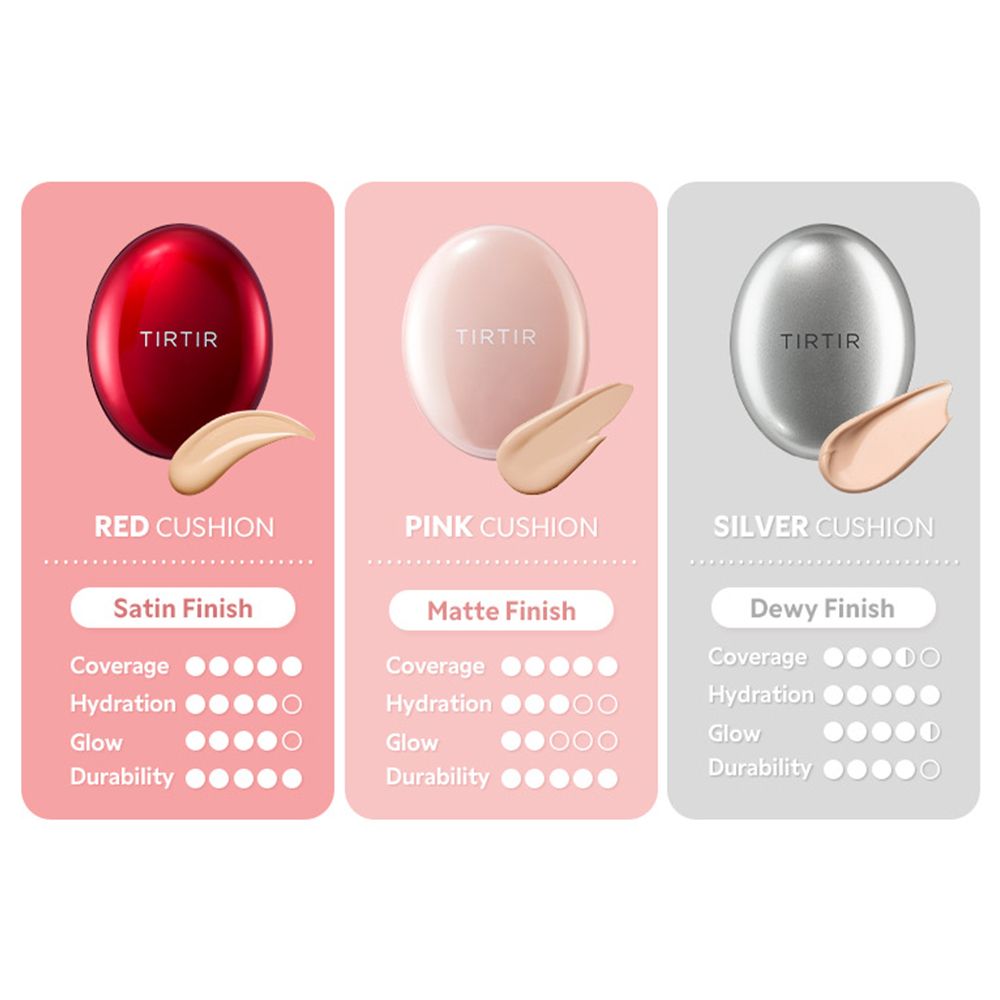 Tre varianti TIRTIR Cushion: Rosso, Rosa e Argento con dettagli di finitura.