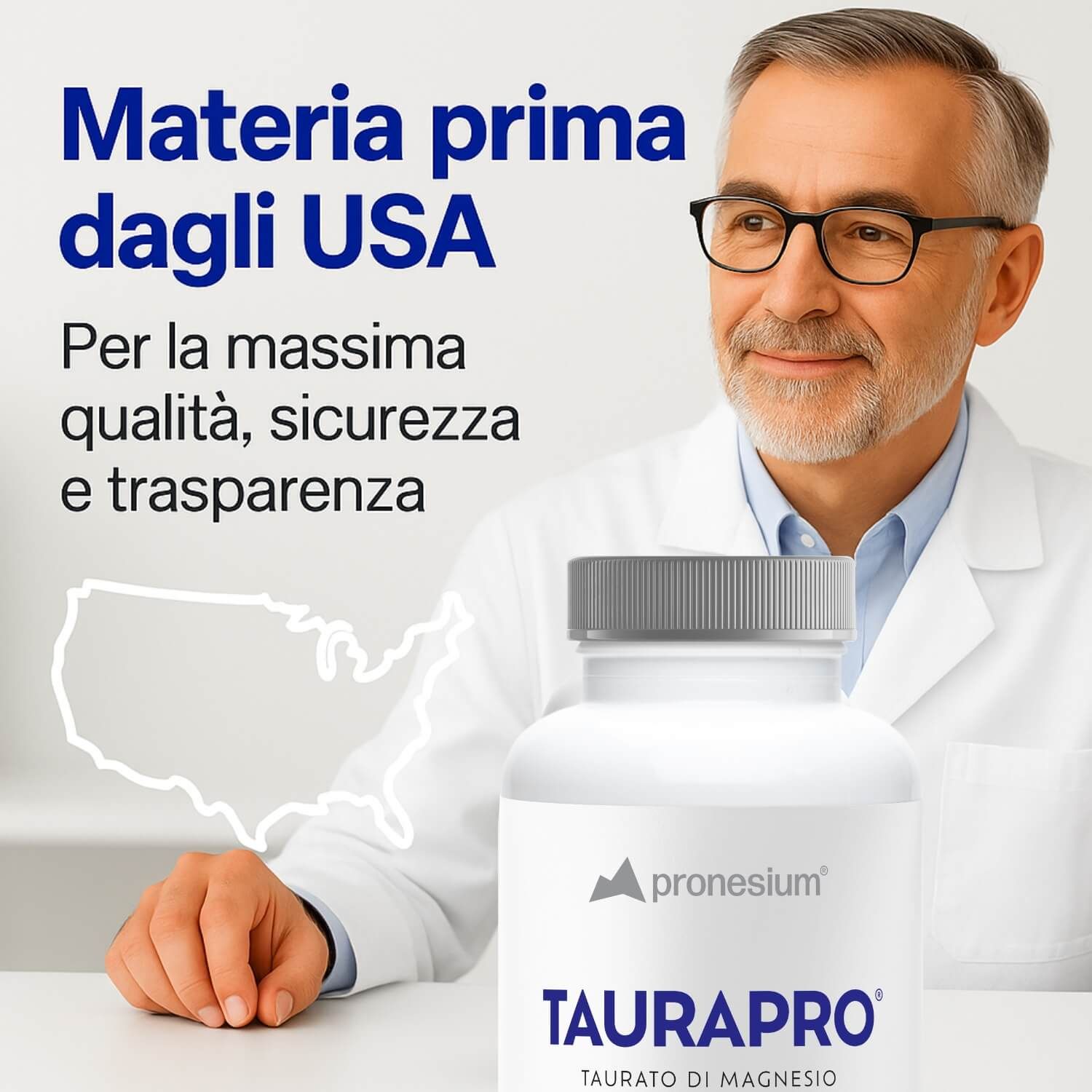 Uomo in camice bianco con bottiglia TAURAPRO. Testo: Materia prima dagli USA. Per la massima qualità.