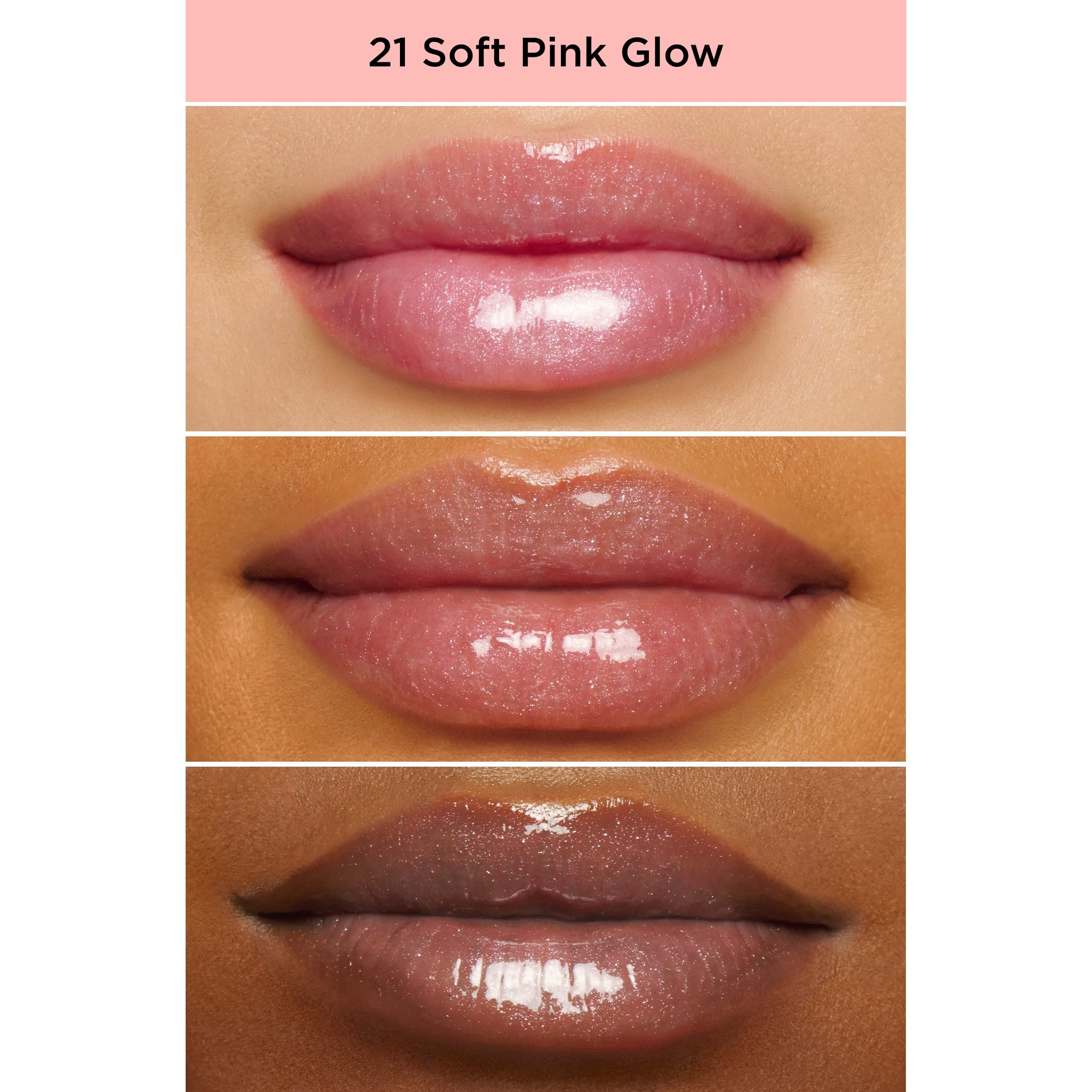 Tre paia di labbra con diverse tonalità di pelle, che mostrano il Lip Perfector Soft Pink Glow.