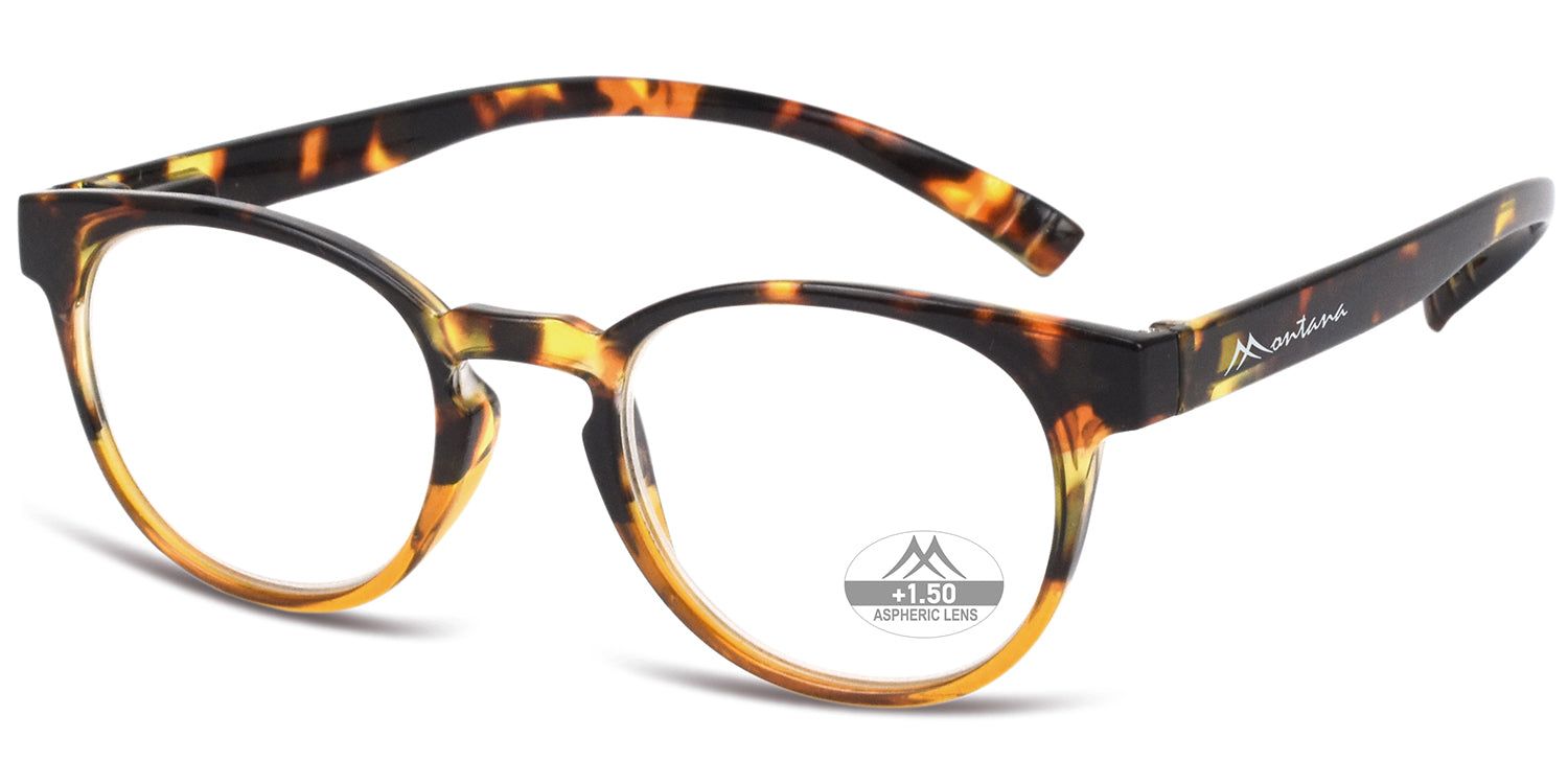 Occhiali con montatura marrone e dettagli gialli. Lenti +1.50. Montana Eyewear.