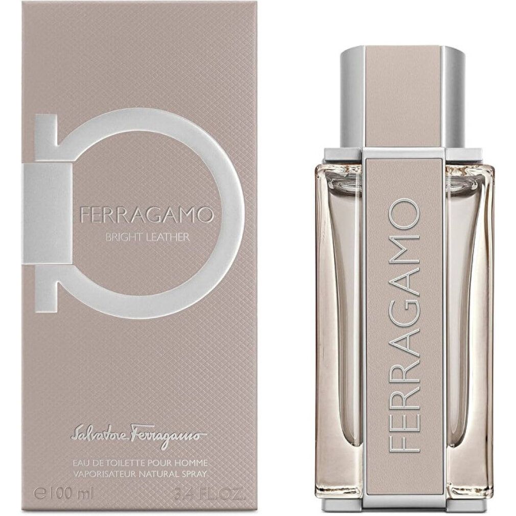 Ferragamo Bright Leather Eau de Toilette (100ml) accanto alla confezione esterna.