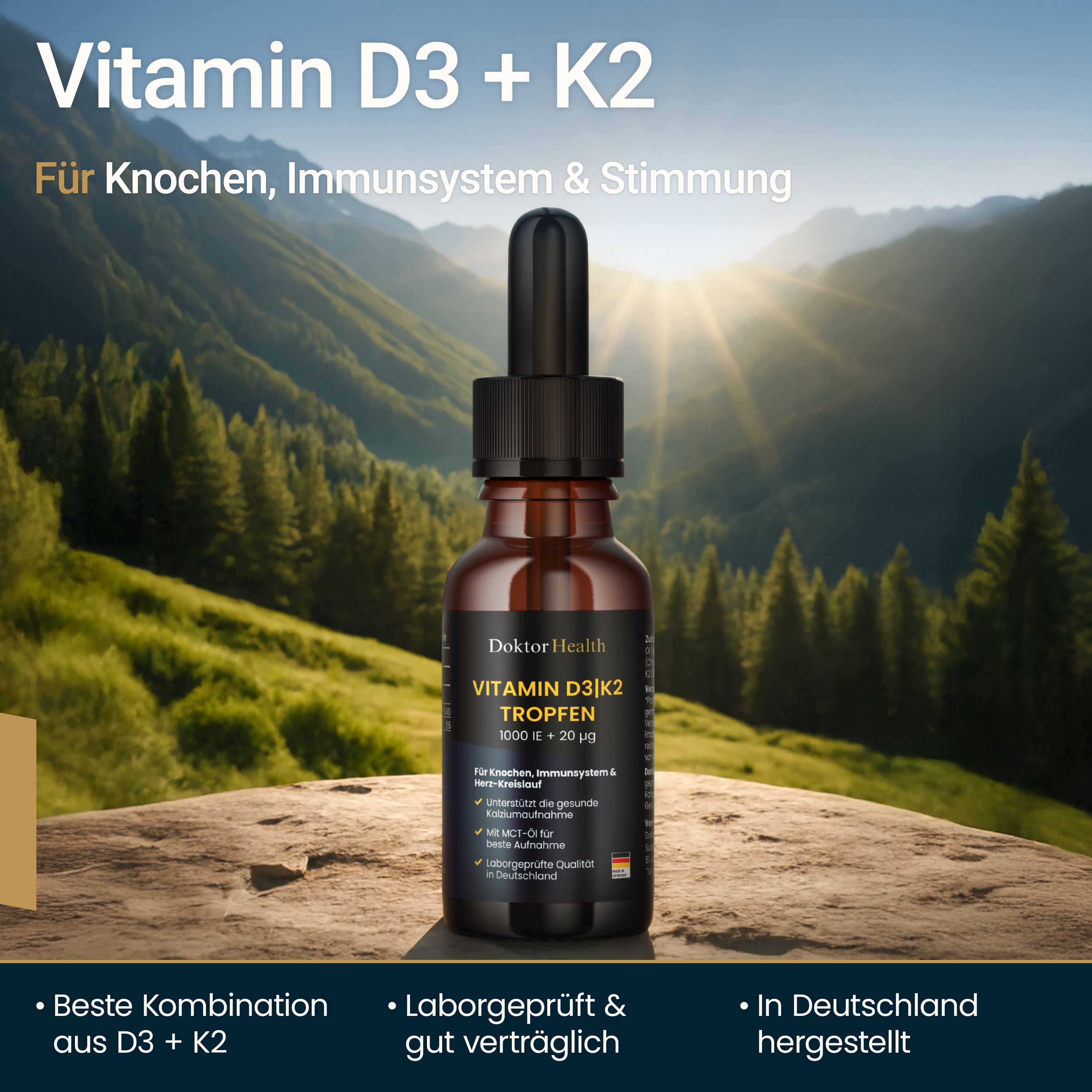 Flacone di vetro marrone con contagocce. Scritta: Vitamin D3 + K2 Tropfen. Sfondo: paesaggio montano.