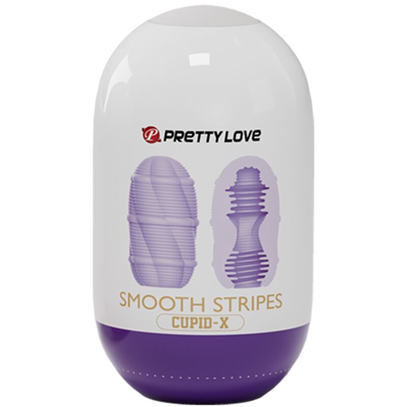 Confezione ovale, bianco-viola. Illustrazione del prodotto. Testo: PRETTY LOVE, SMOOTH STRIPES, CUPID-X.