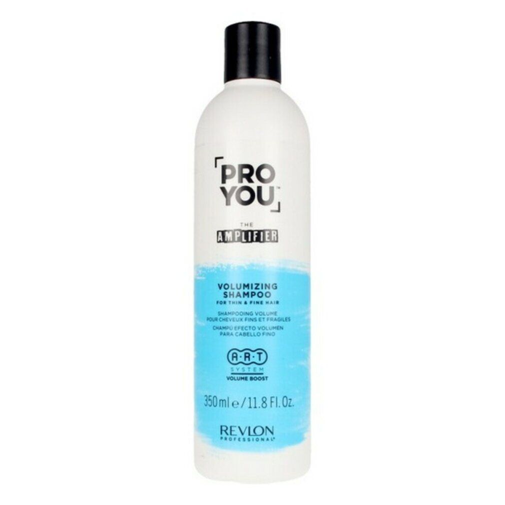 Flacone di shampoo bianco con tappo nero. Scritta: Pro You The Amplifier, Volumizing Shampoo, Revlon.