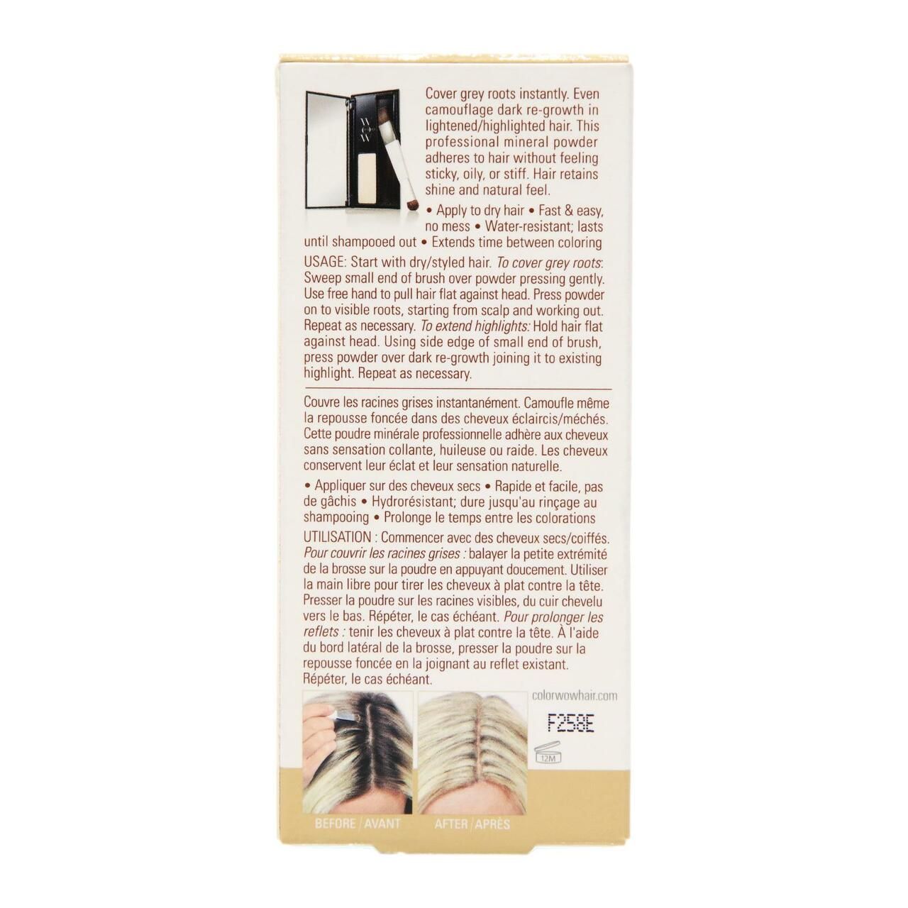 Retro della confezione del prodotto. Testo in inglese e francese. Contiene istruzioni per l'uso e immagini prima/dopo.