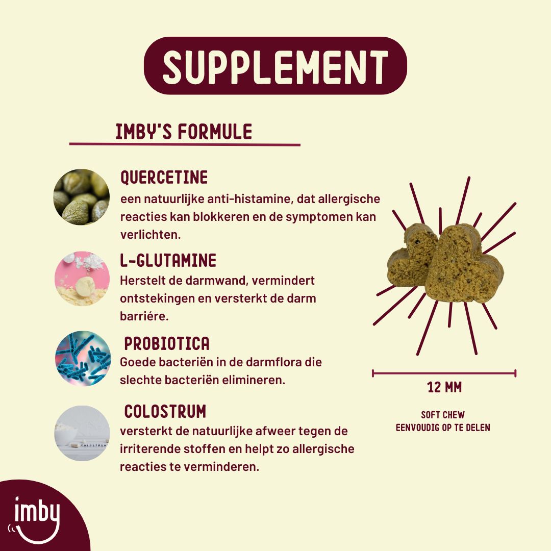 Integratore Imby Allergy & Itch per cani. Barattolo da 90 snack morbidi. Contiene colostro, postbiotici, probiotici, quercetina.