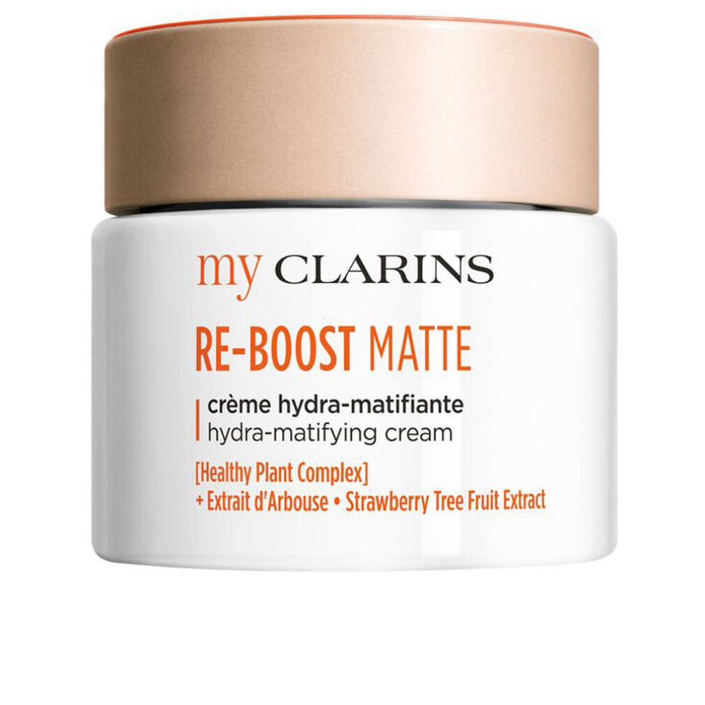 Vasetto bianco con coperchio, testo "my CLARINS RE-BOOST MATTE".