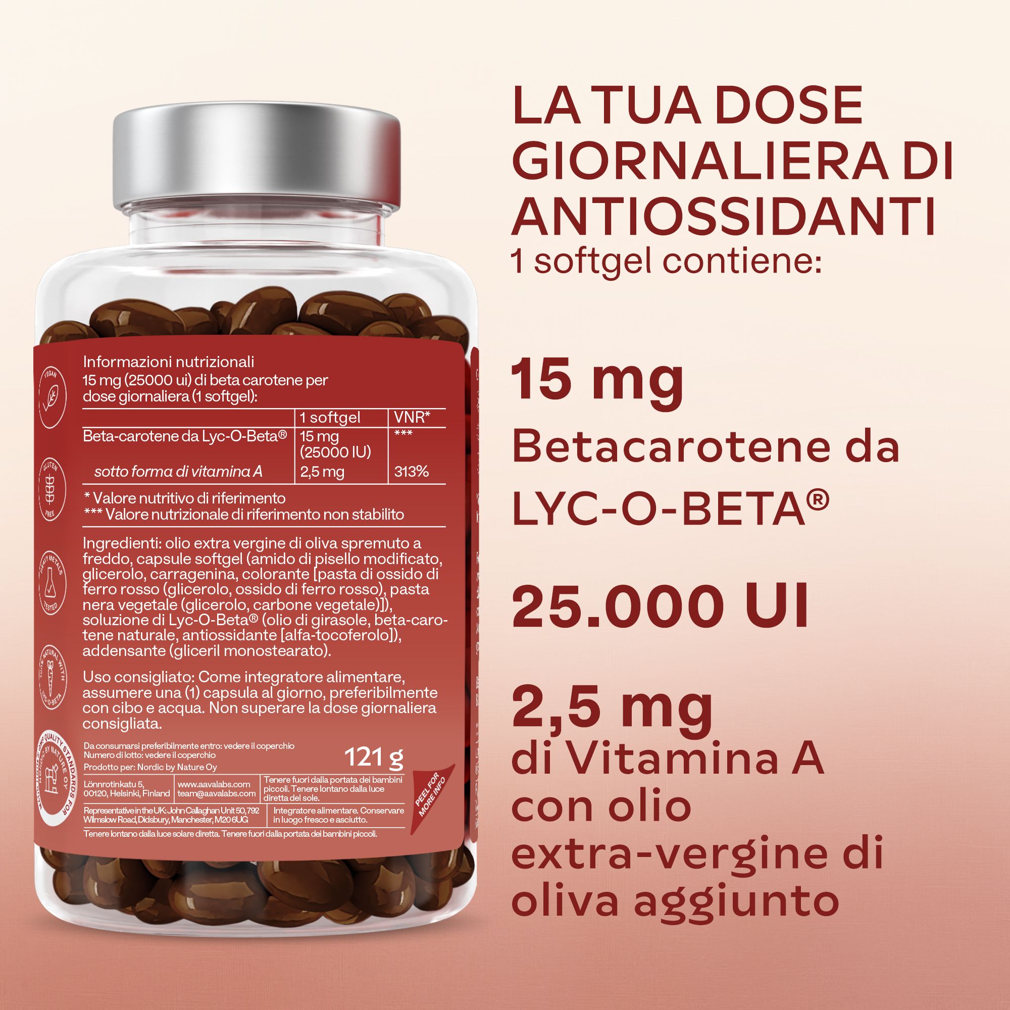 Retro del flacone Aavalabs Beta Carotene. Valori nutrizionali, 121g.