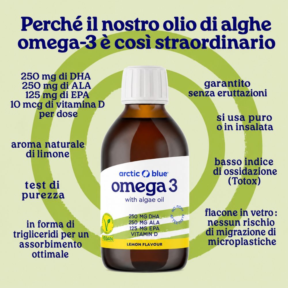 Flacone di olio di alghe Omega 3 al limone, sigillo V-Label Vegan e informazioni sugli ingredienti.