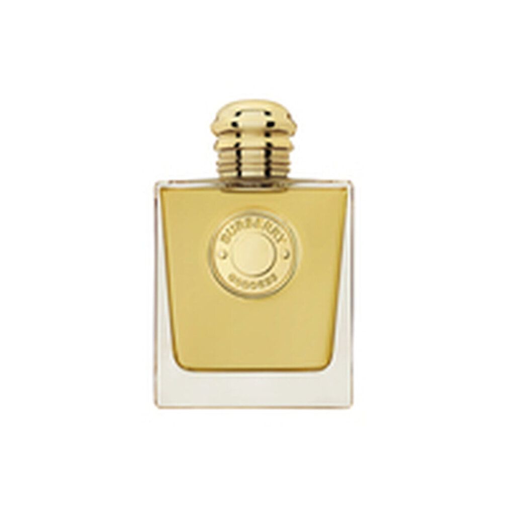 Flacone di profumo rettangolare con tappo dorato. Sul flacone è visibile un logo con il nome del prodotto.